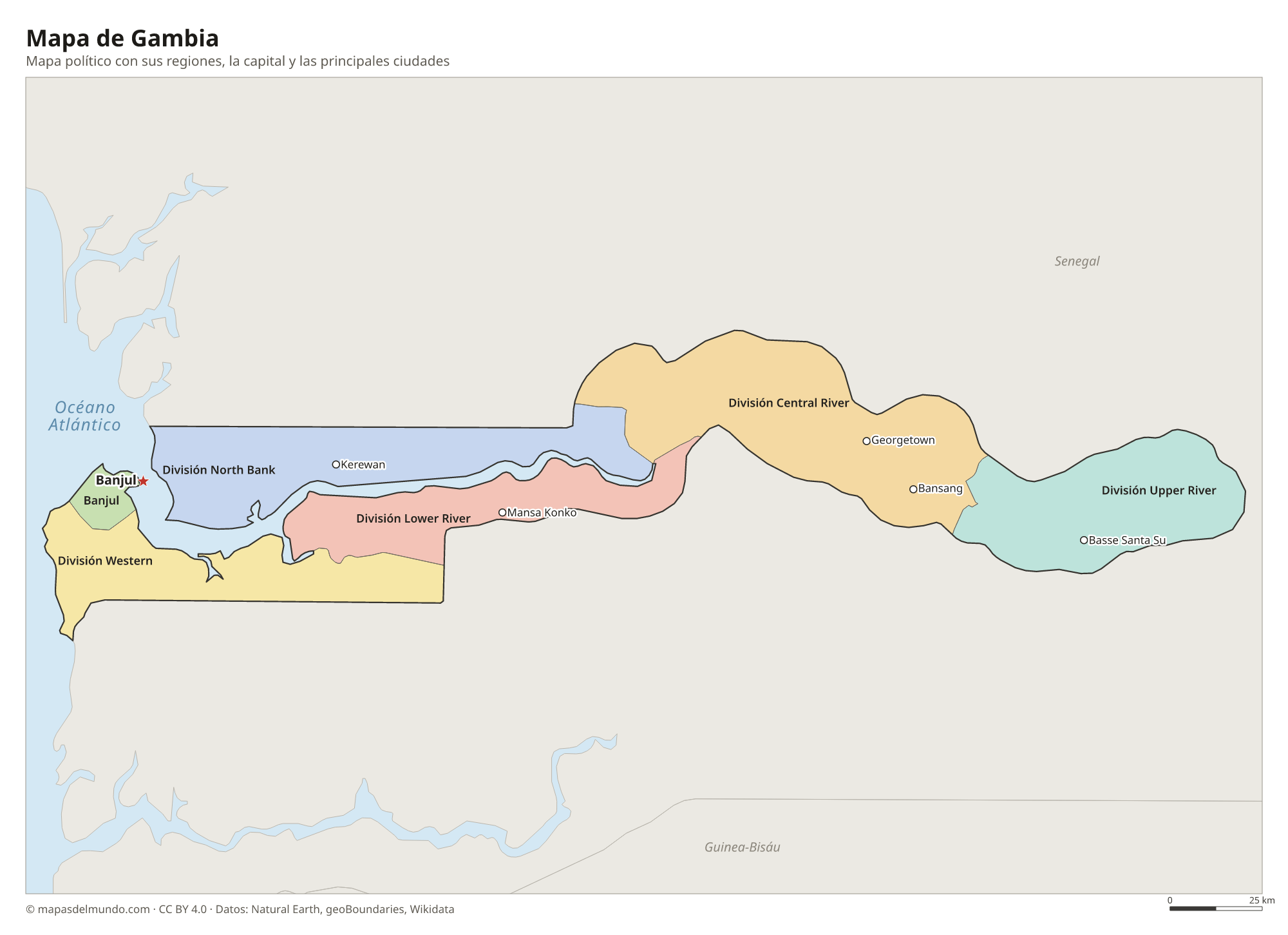 Mapa político de Gambia con sus regiones y la capital Banjul