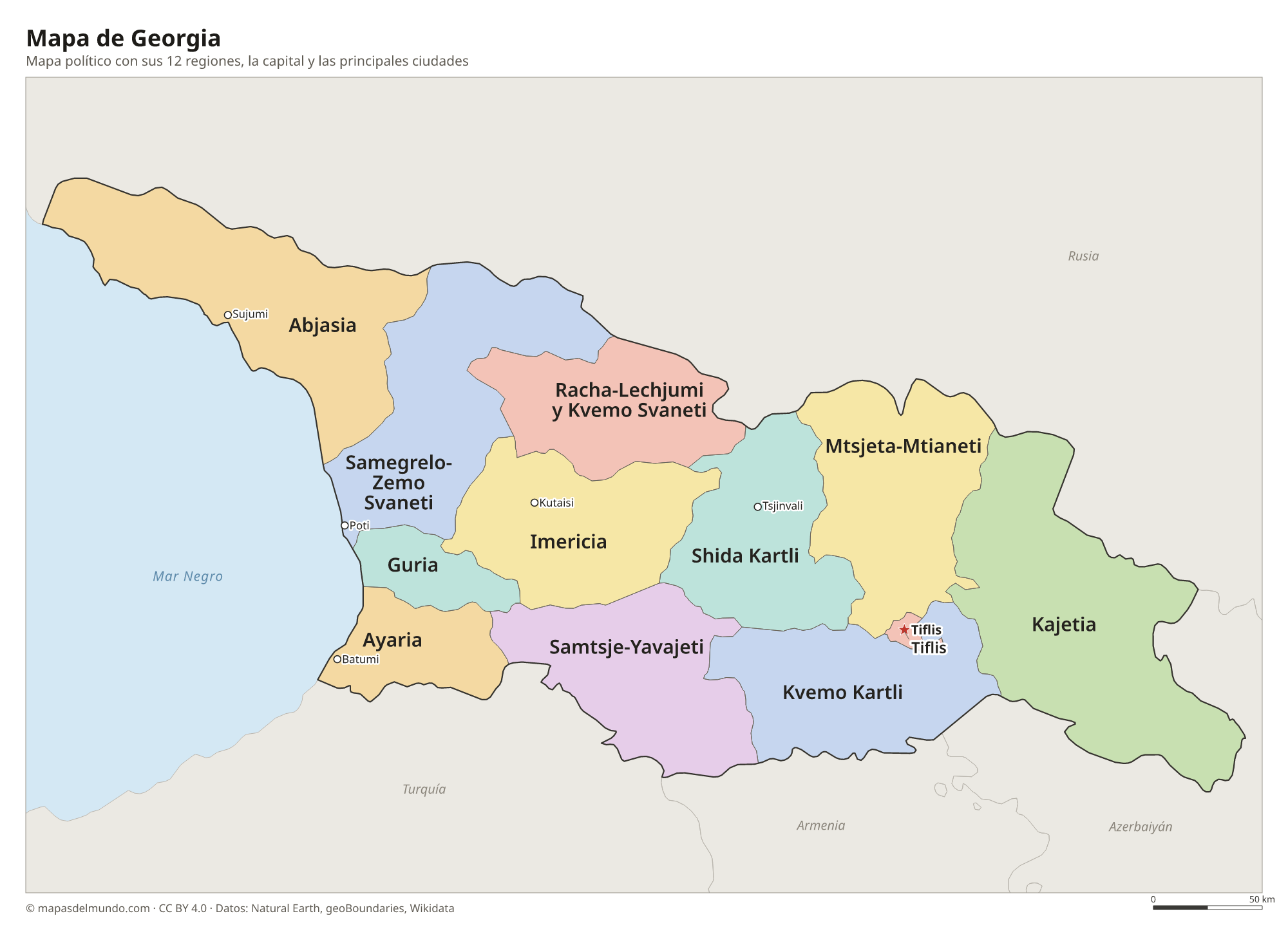 Mapa político de Georgia con sus regiones y la capital Tiflis