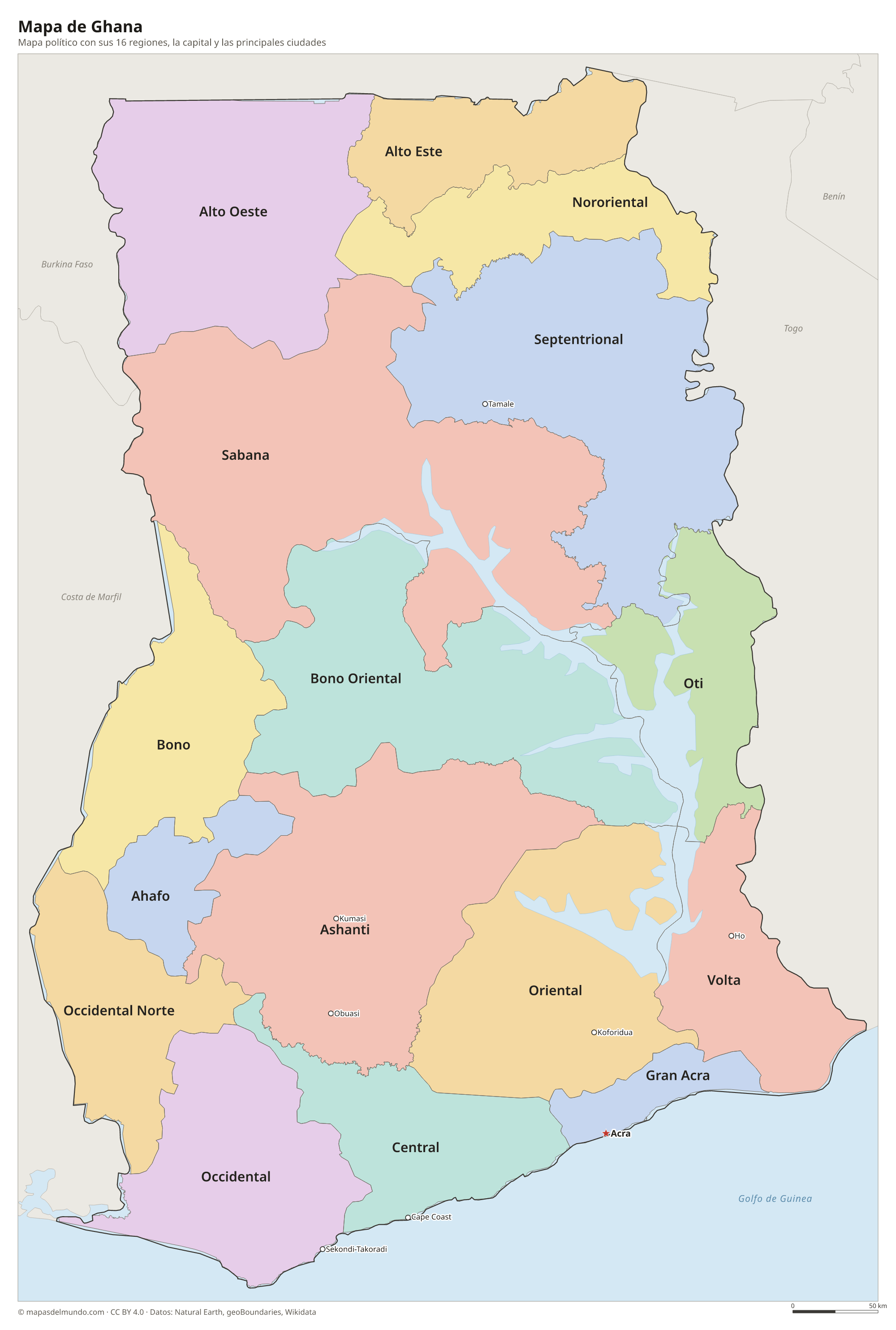 Mapa político de Ghana con sus regiones y la capital Acra