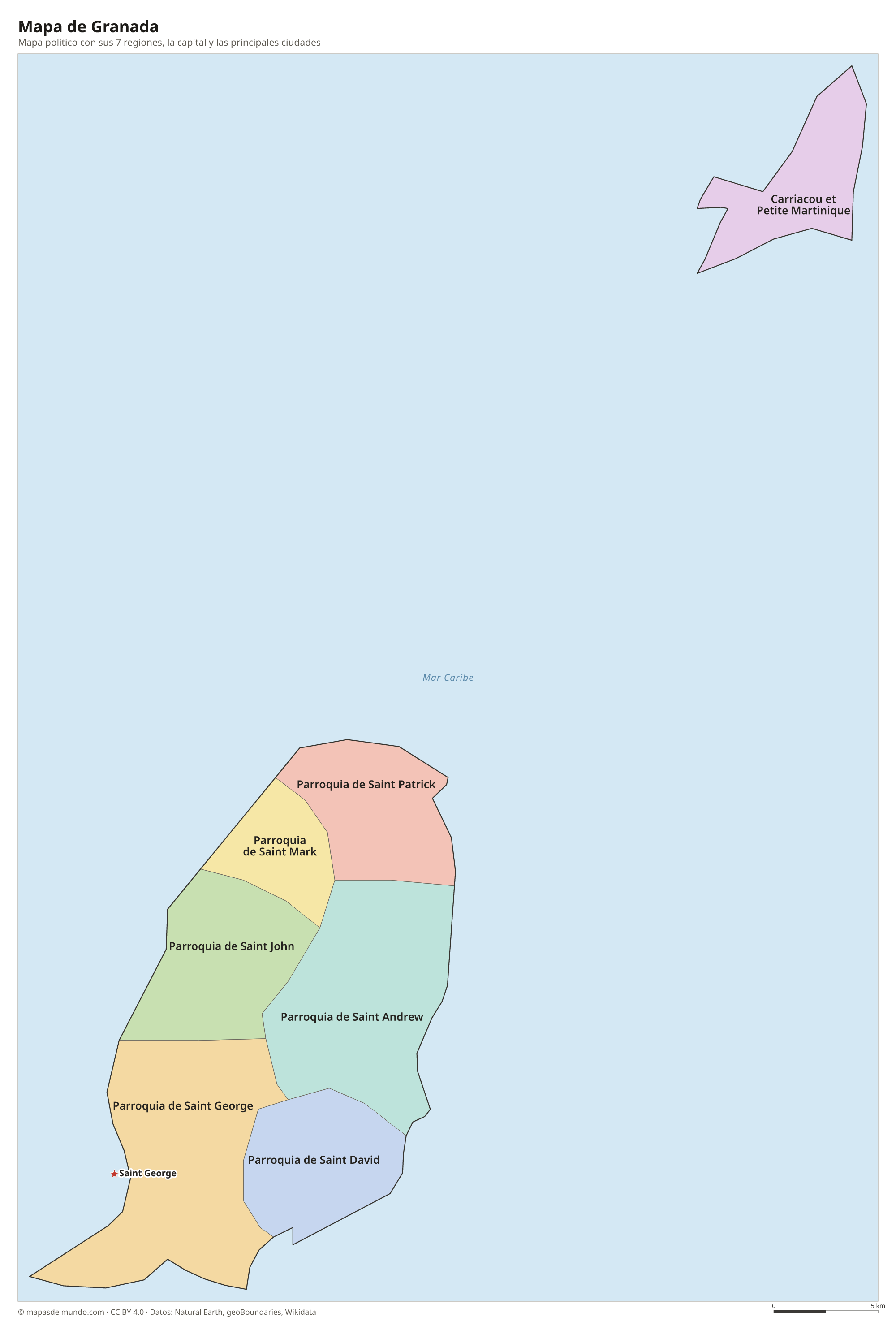 Mapa político de Granada con sus regiones y la capital Saint George