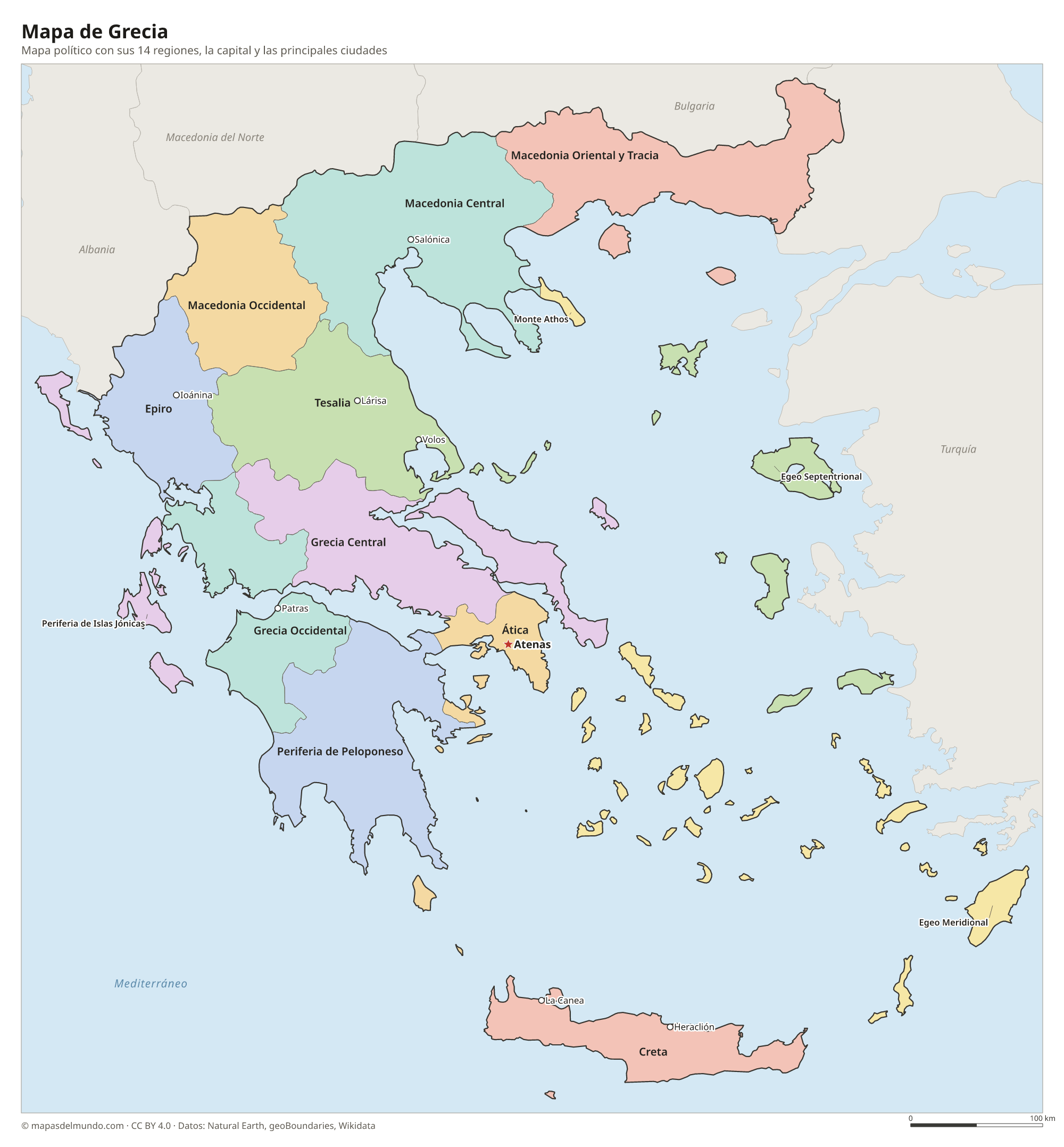 Mapa político de Grecia con sus regiones y la capital Atenas