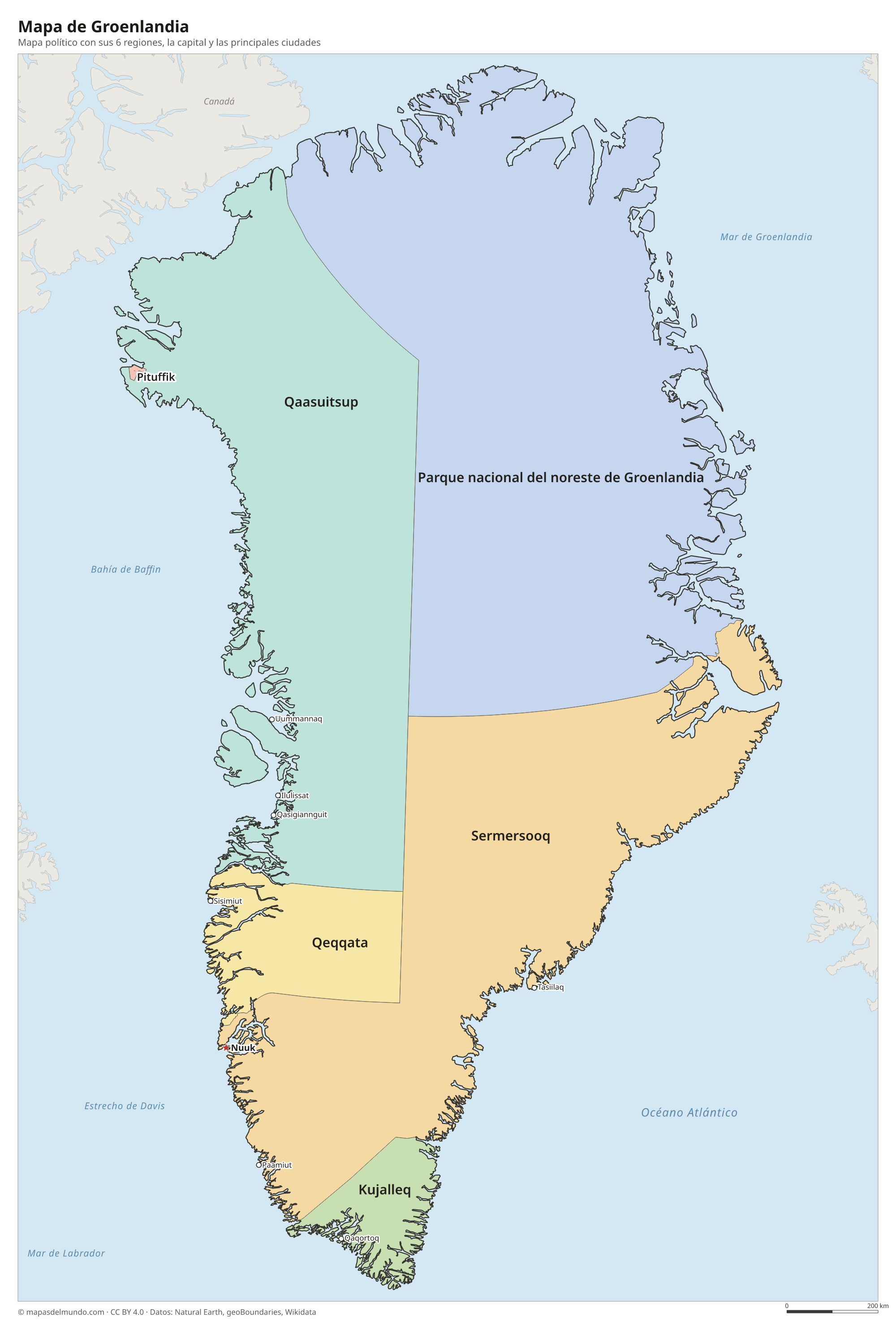 Mapa político de Groenlandia con sus regiones y la capital Nuuk