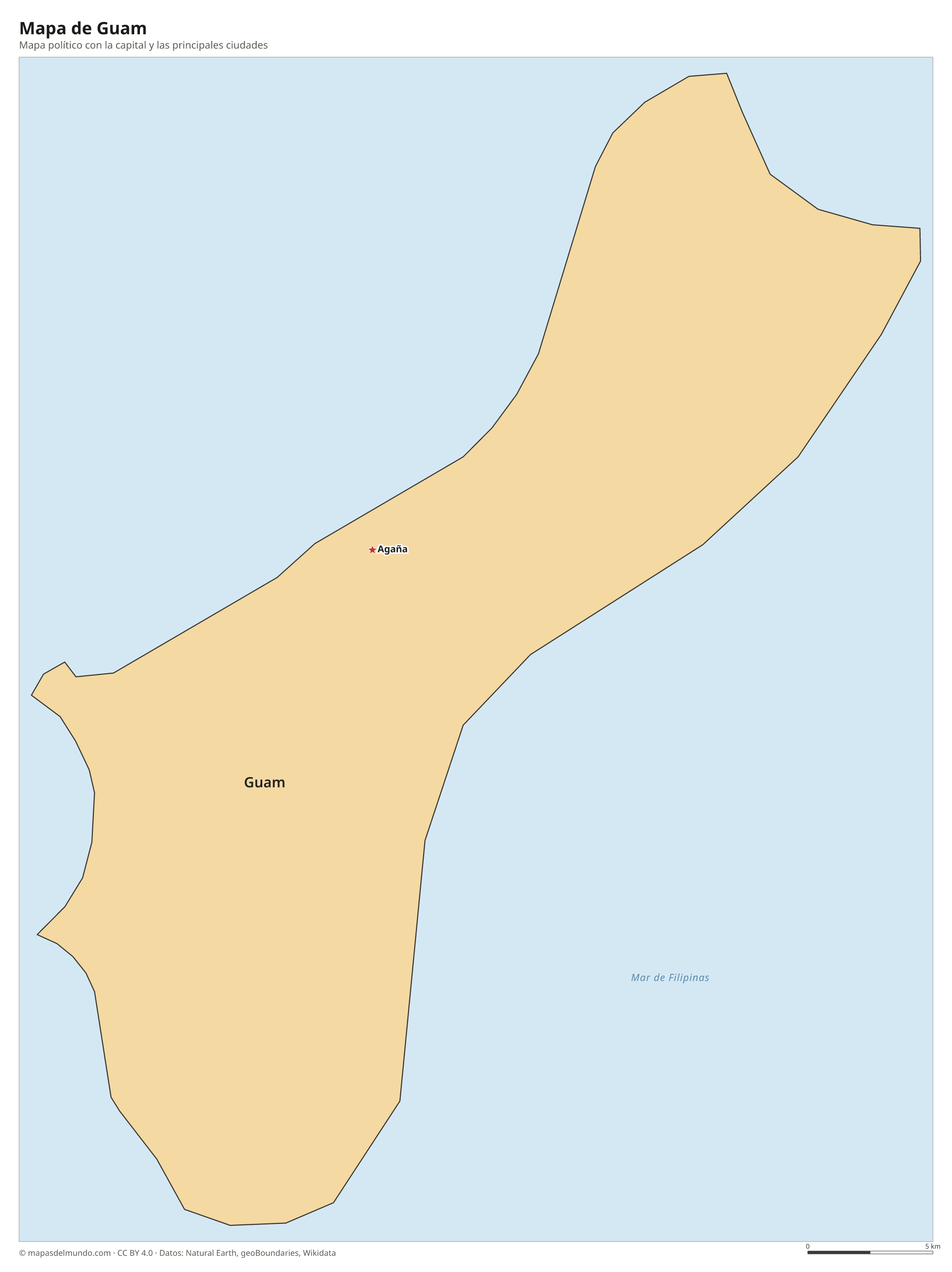 Mapa político de Guam con la capital Agaña