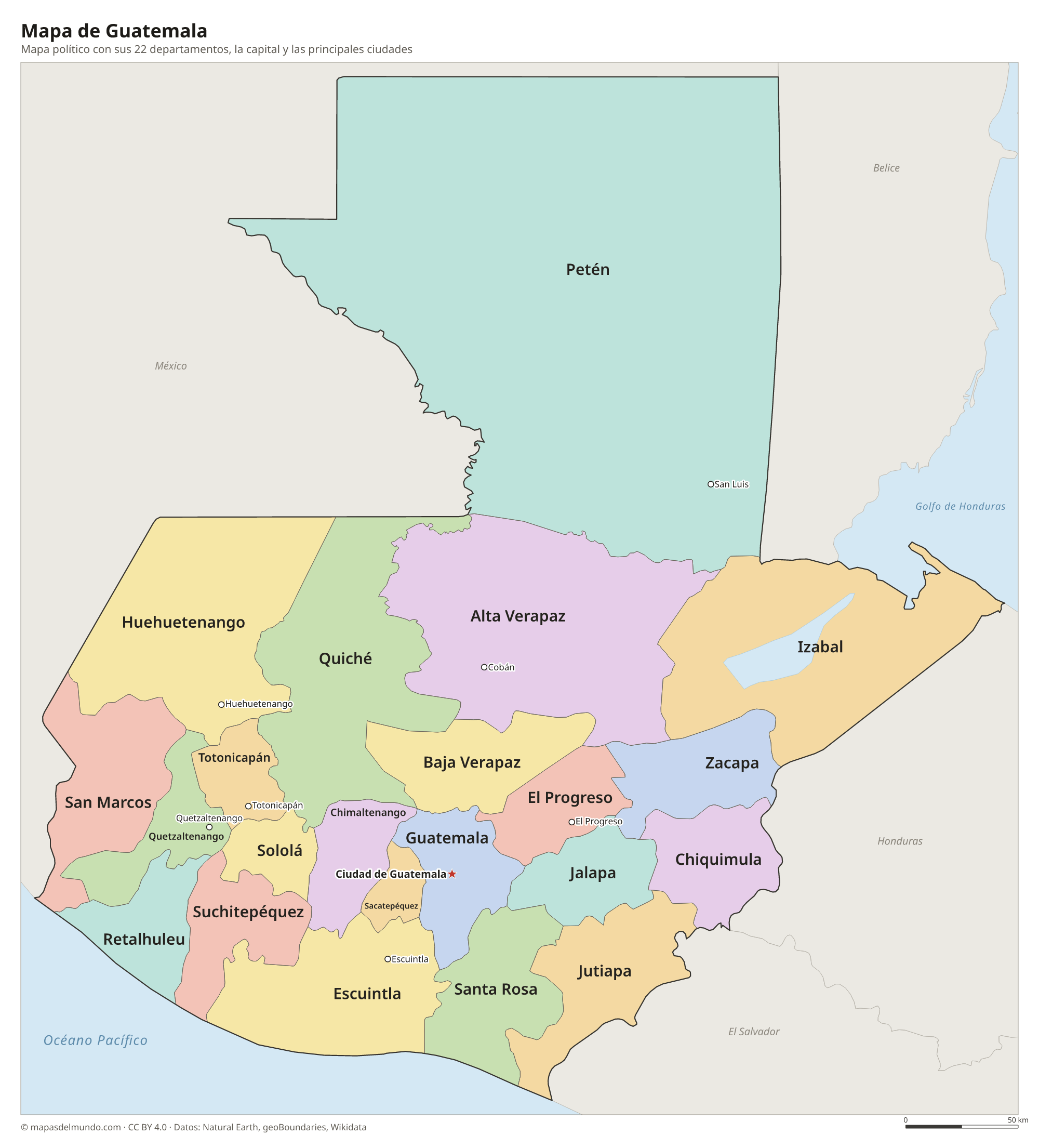 Mapa político de Guatemala con sus departamentos y la capital Ciudad de Guatemala