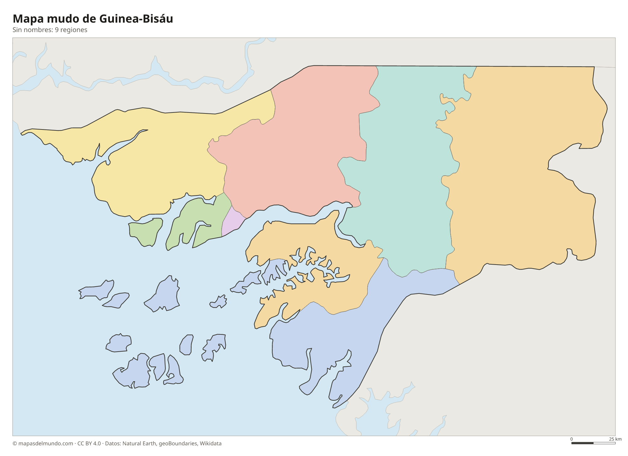 Mapa mudo de Guinea-Bisáu sin nombres