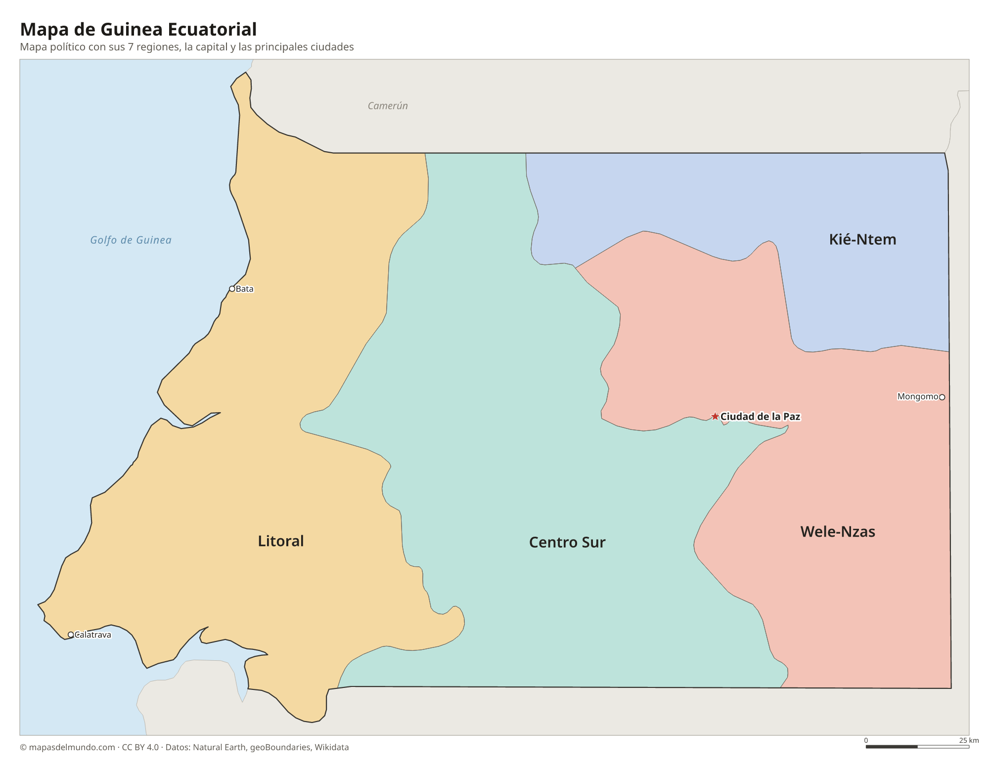 Mapa político de Guinea Ecuatorial con sus regiones y la capital Ciudad de la Paz