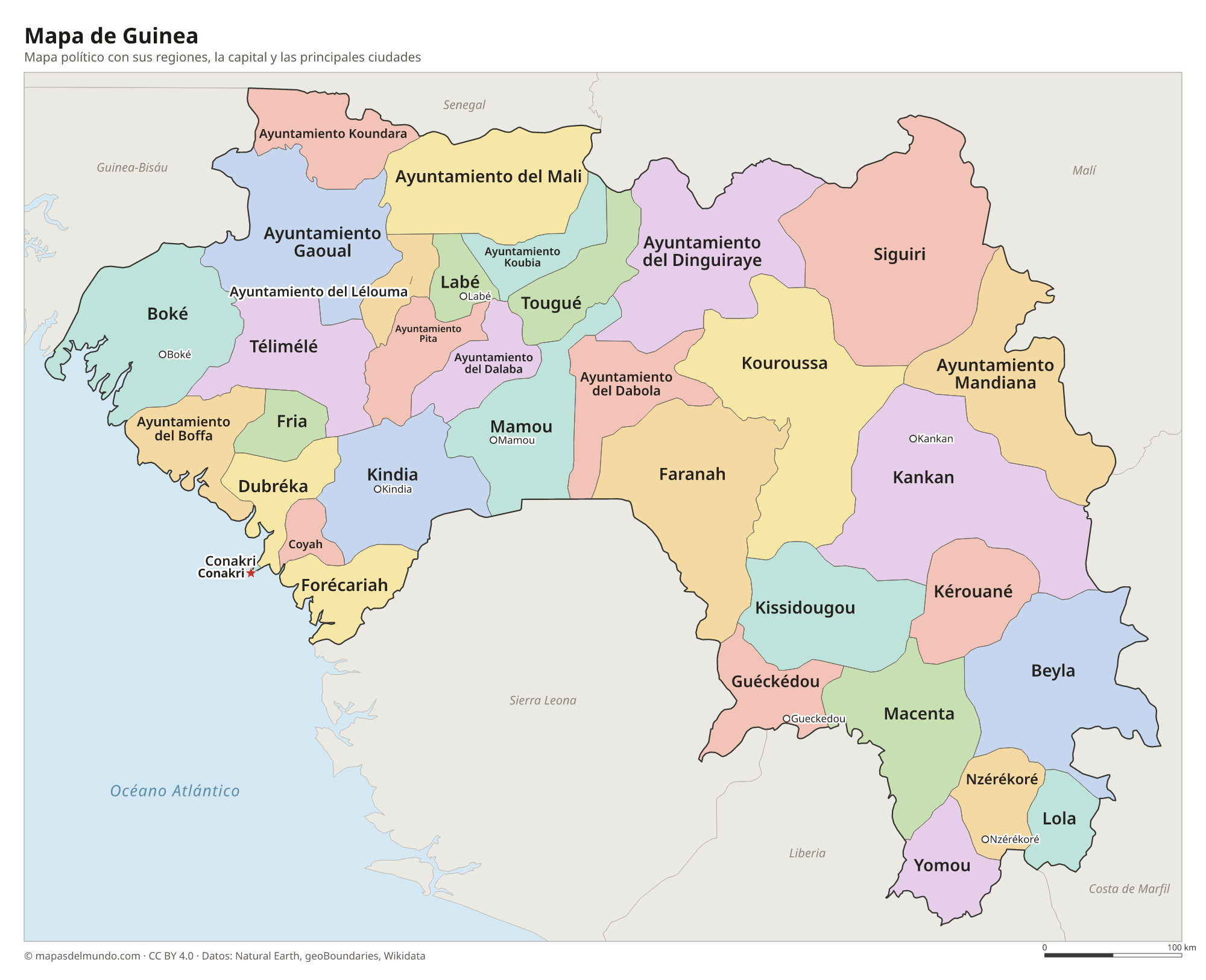 Mapa político de Guinea con sus regiones y la capital Conakri