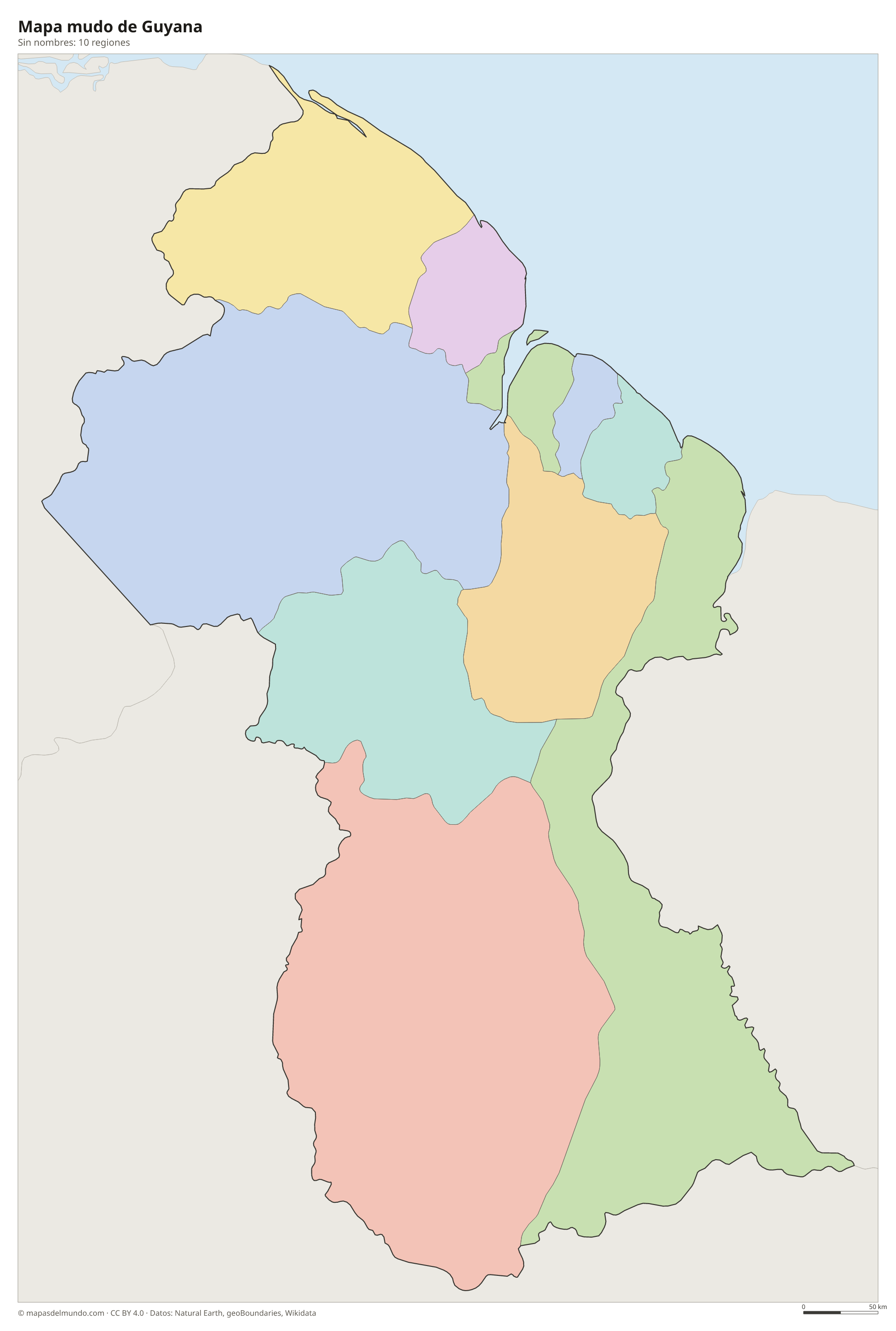 Mapa mudo de Guyana sin nombres