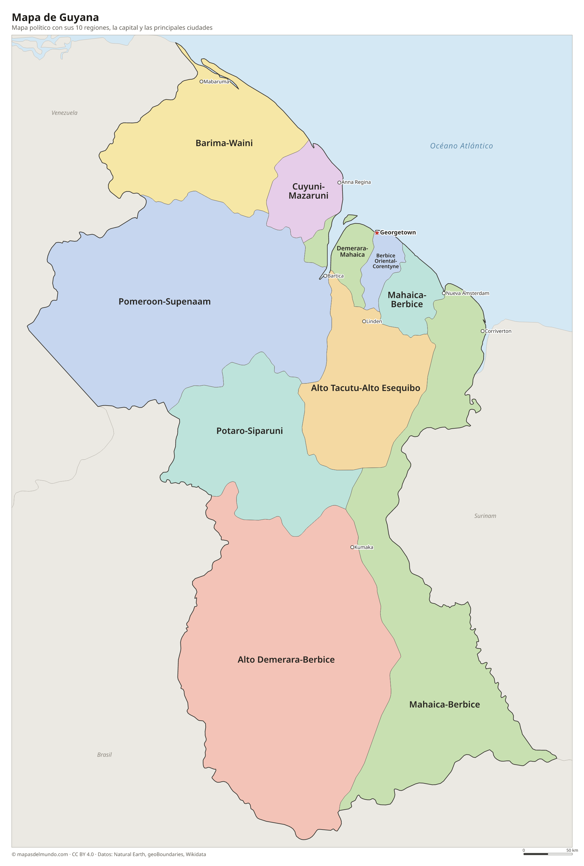 Mapa político de Guyana con sus regiones y la capital Georgetown