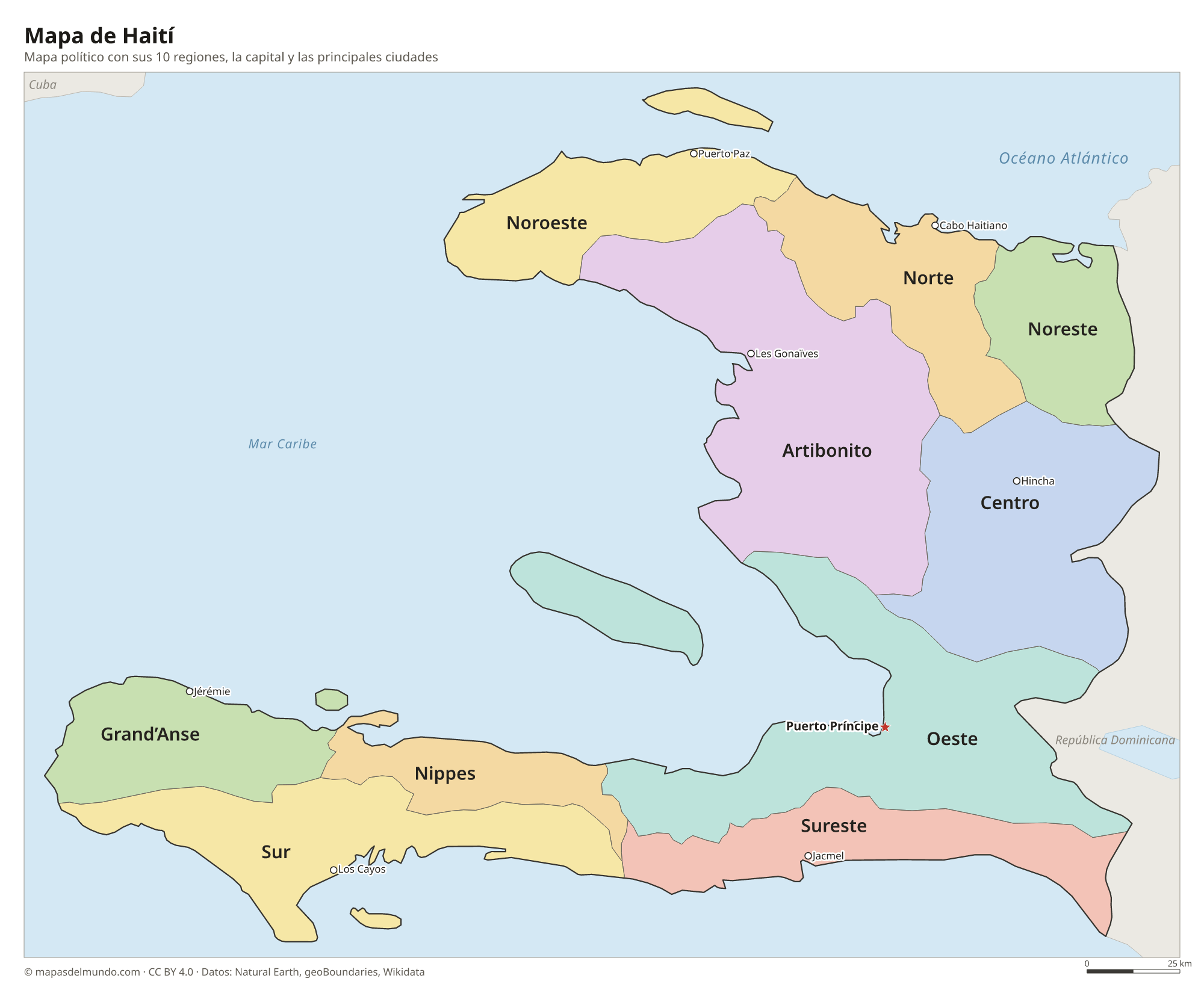 Mapa político de Haití con sus regiones y la capital Puerto Príncipe