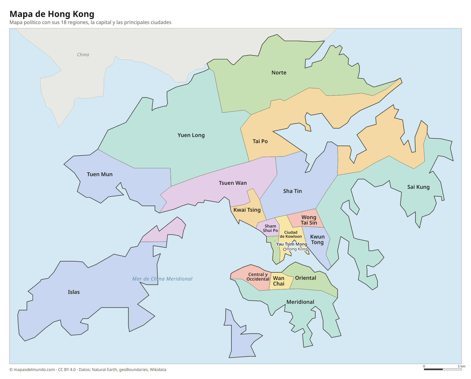 Mapa político de Hong Kong con sus regiones y la capital
