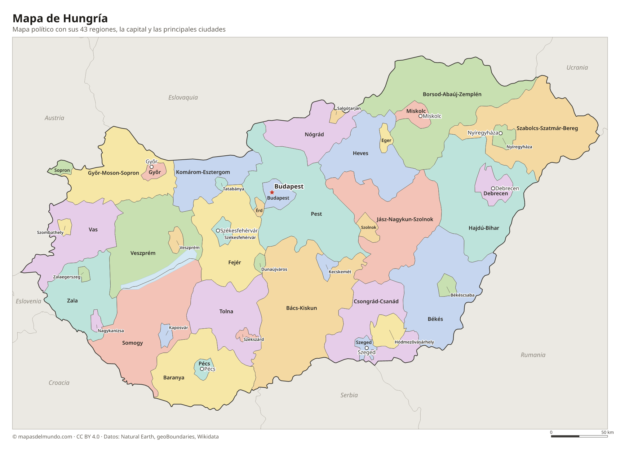 Mapa político de Hungría con sus regiones y la capital Budapest