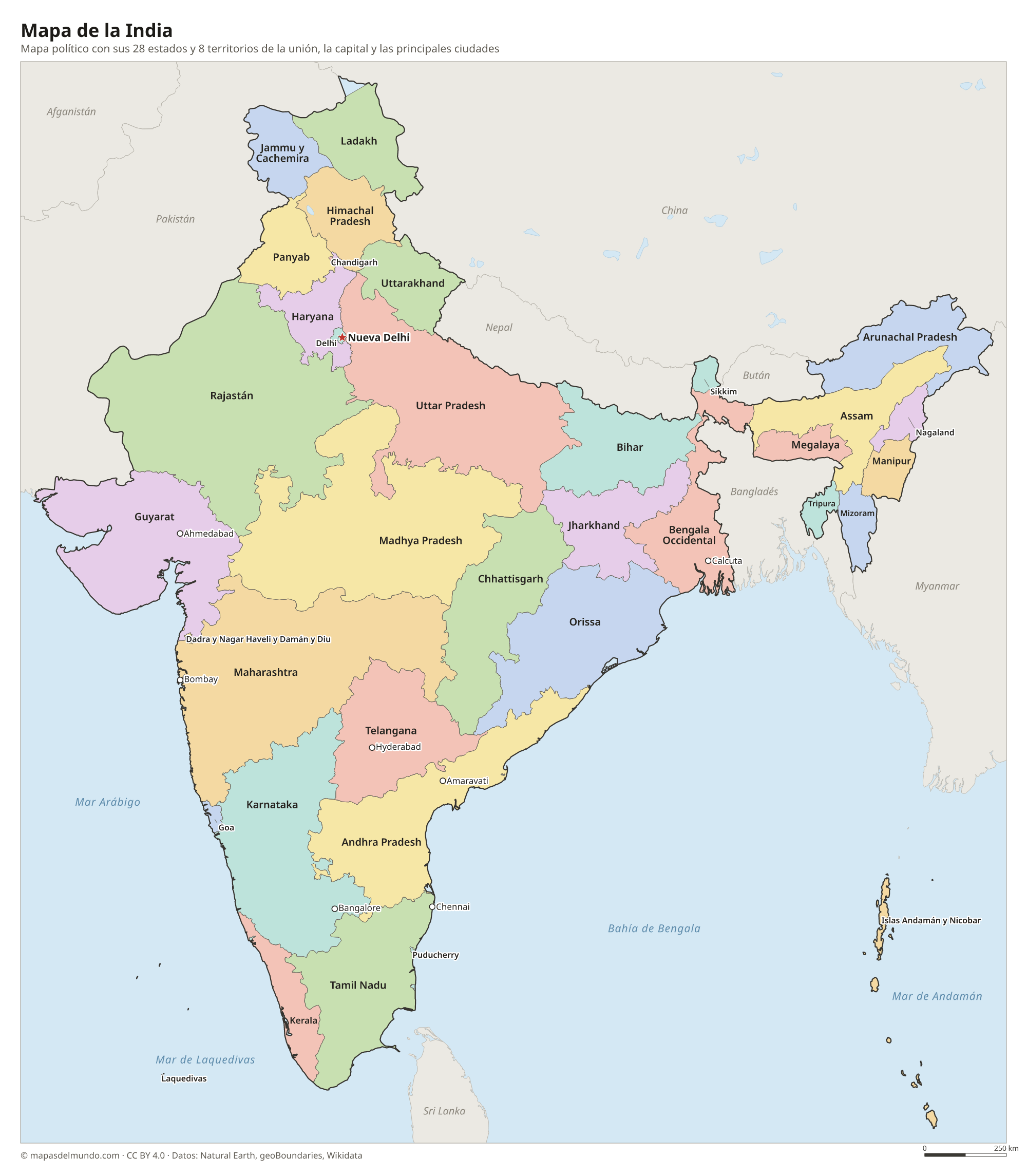 Mapa político de la India con sus estados y la capital Nueva Delhi