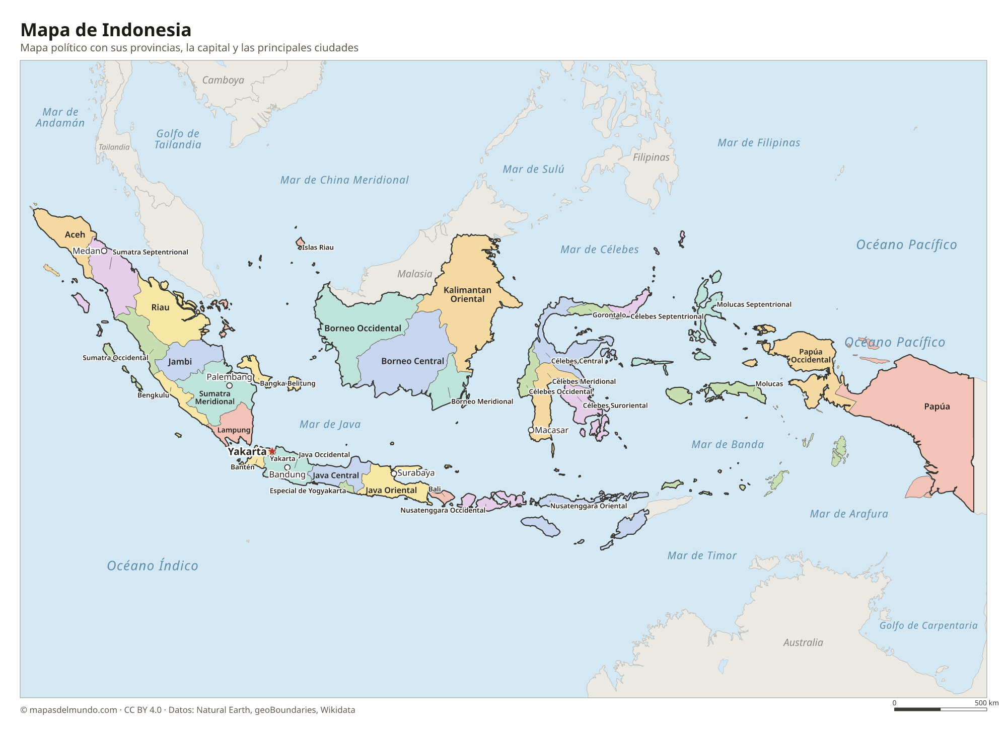 Mapa político de Indonesia con sus provincias y la capital Yakarta