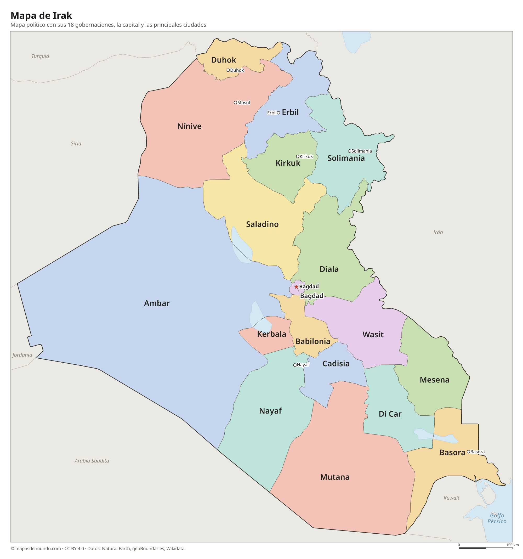 Mapa político de Irak con sus gobernaciones y la capital Bagdad