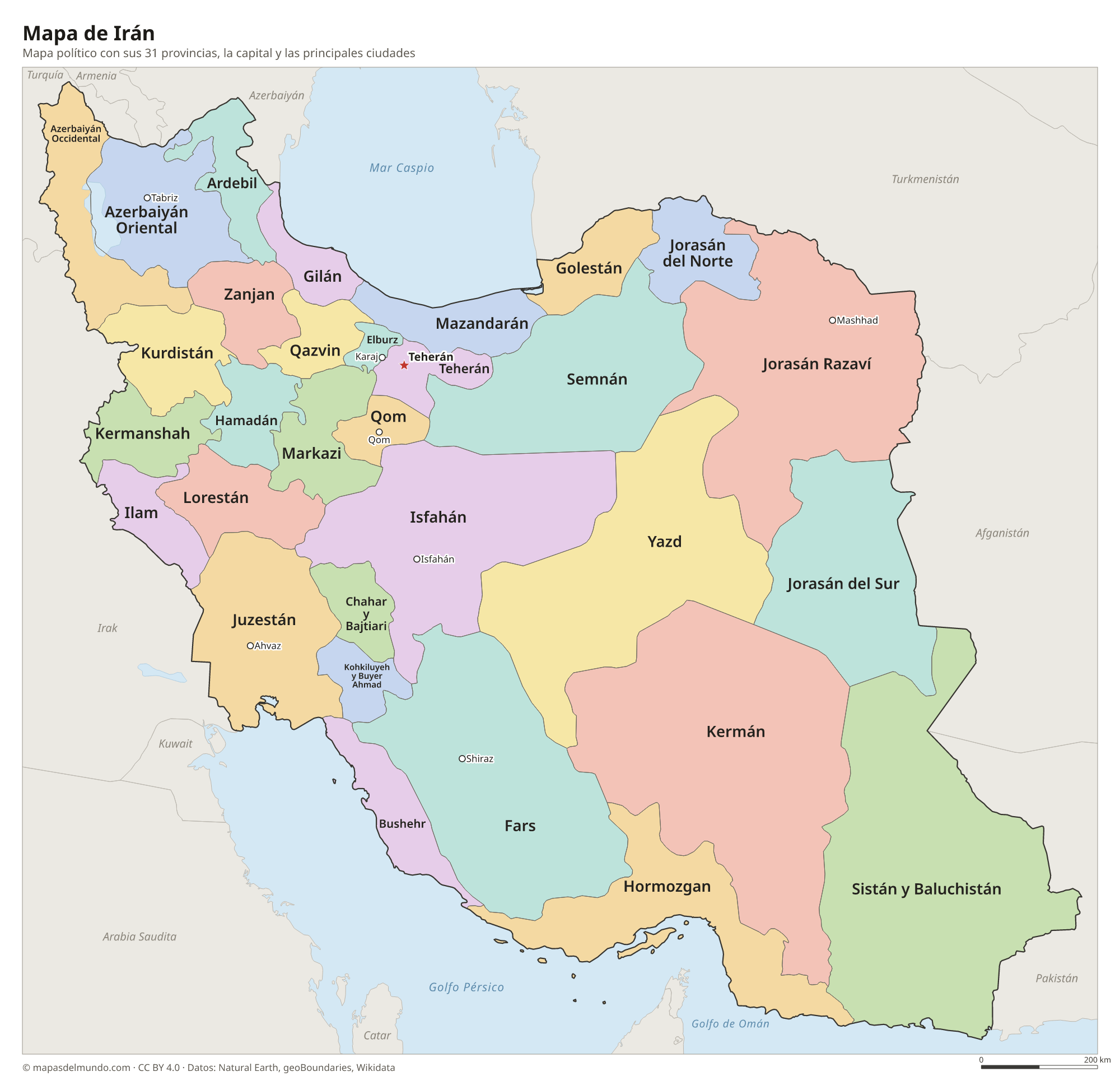 Mapa político de Irán con sus provincias y la capital Teherán