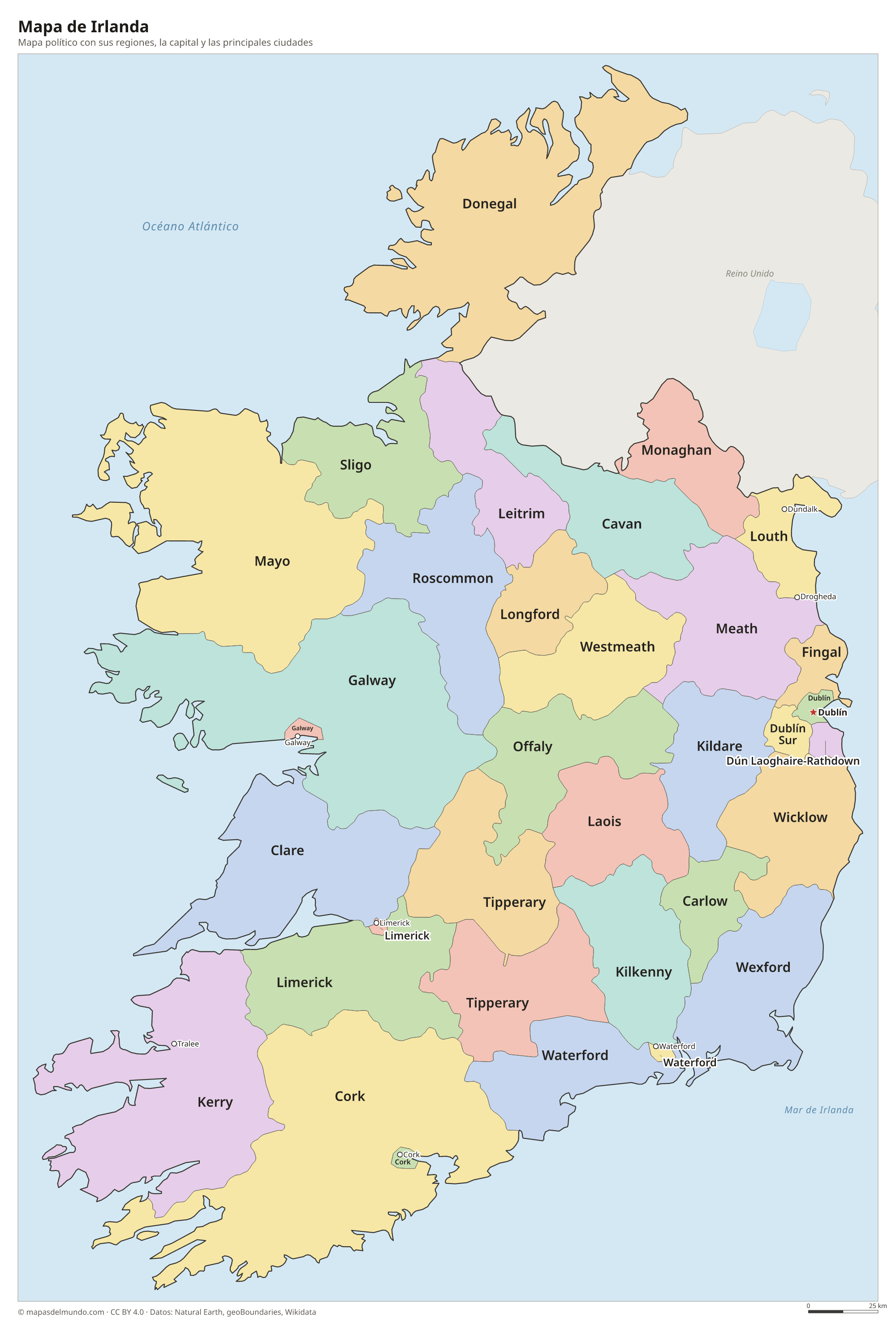 Mapa político de Irlanda con sus regiones y la capital Dublín