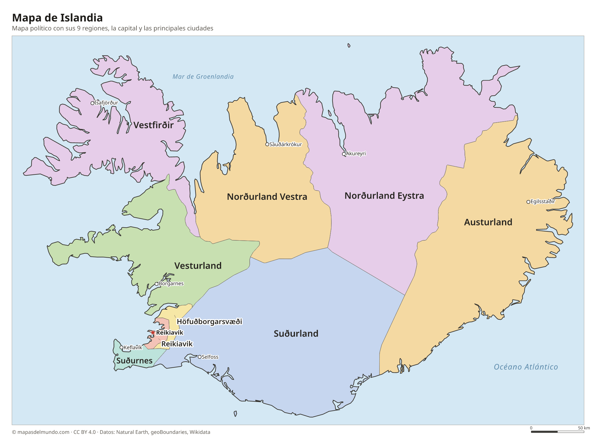 Mapa político de Islandia con sus regiones y la capital Reikiavik