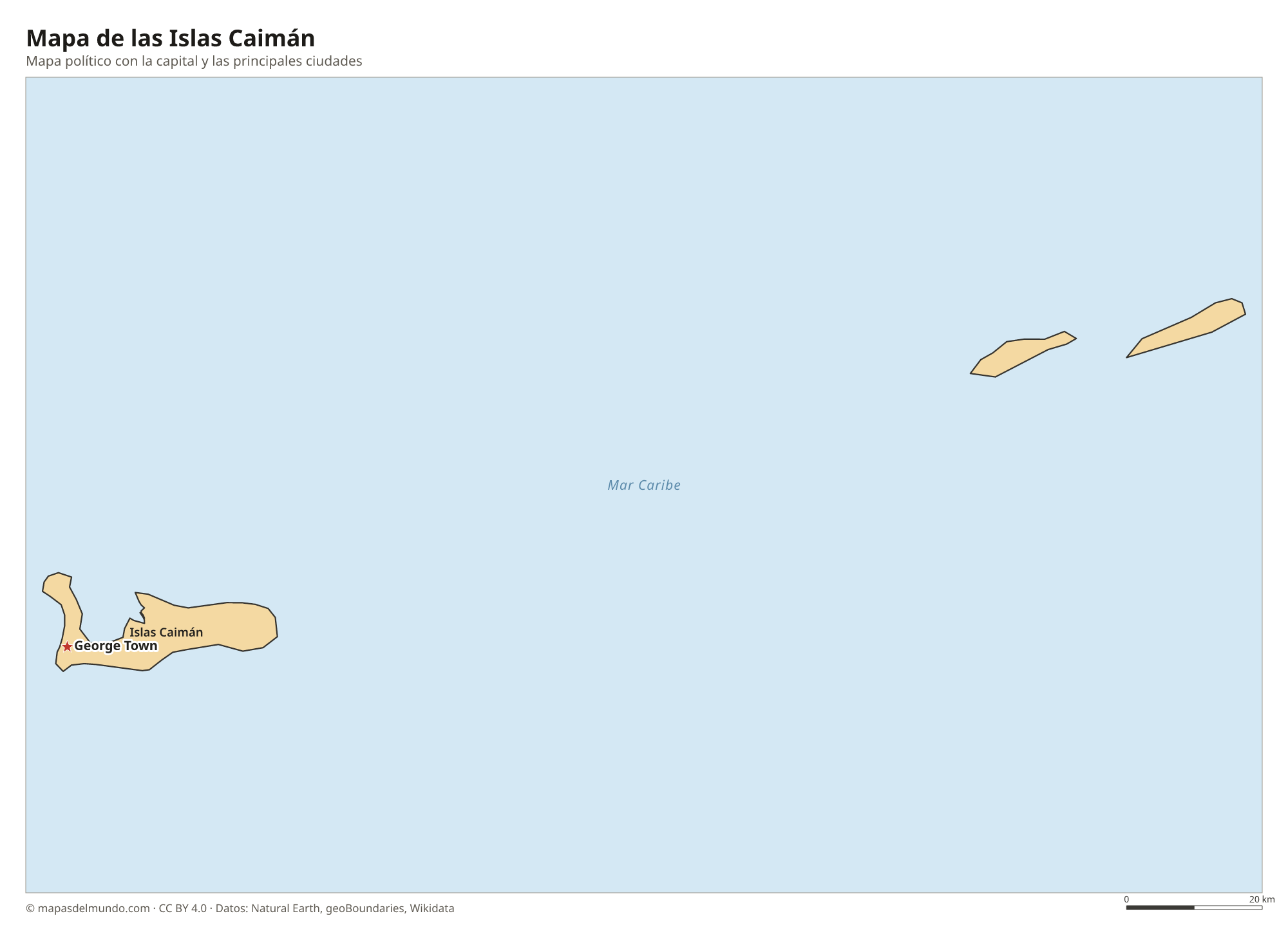 Mapa político de las Islas Caimán con la capital George Town