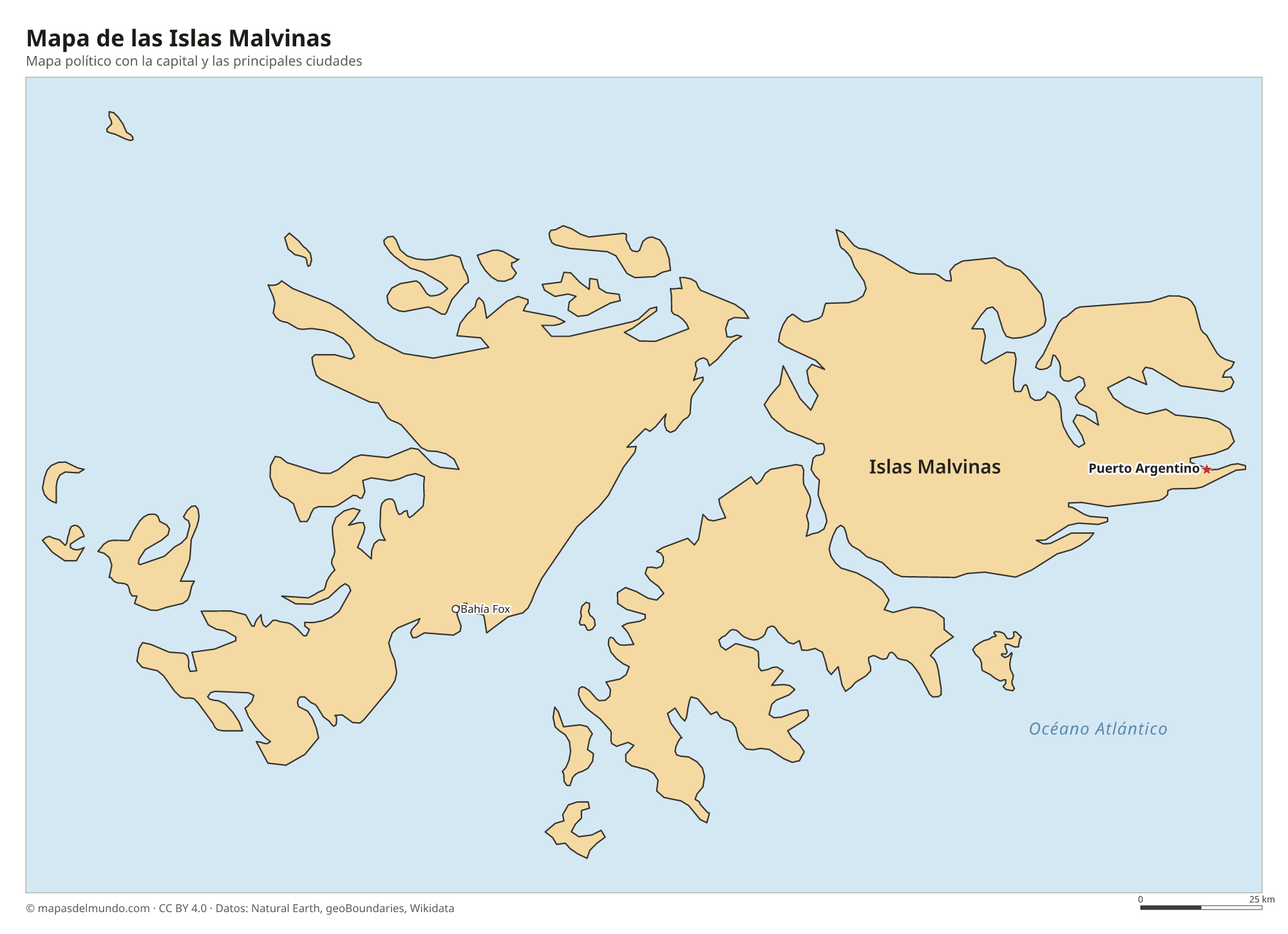 Mapa político de las Islas Malvinas con la capital Puerto Argentino