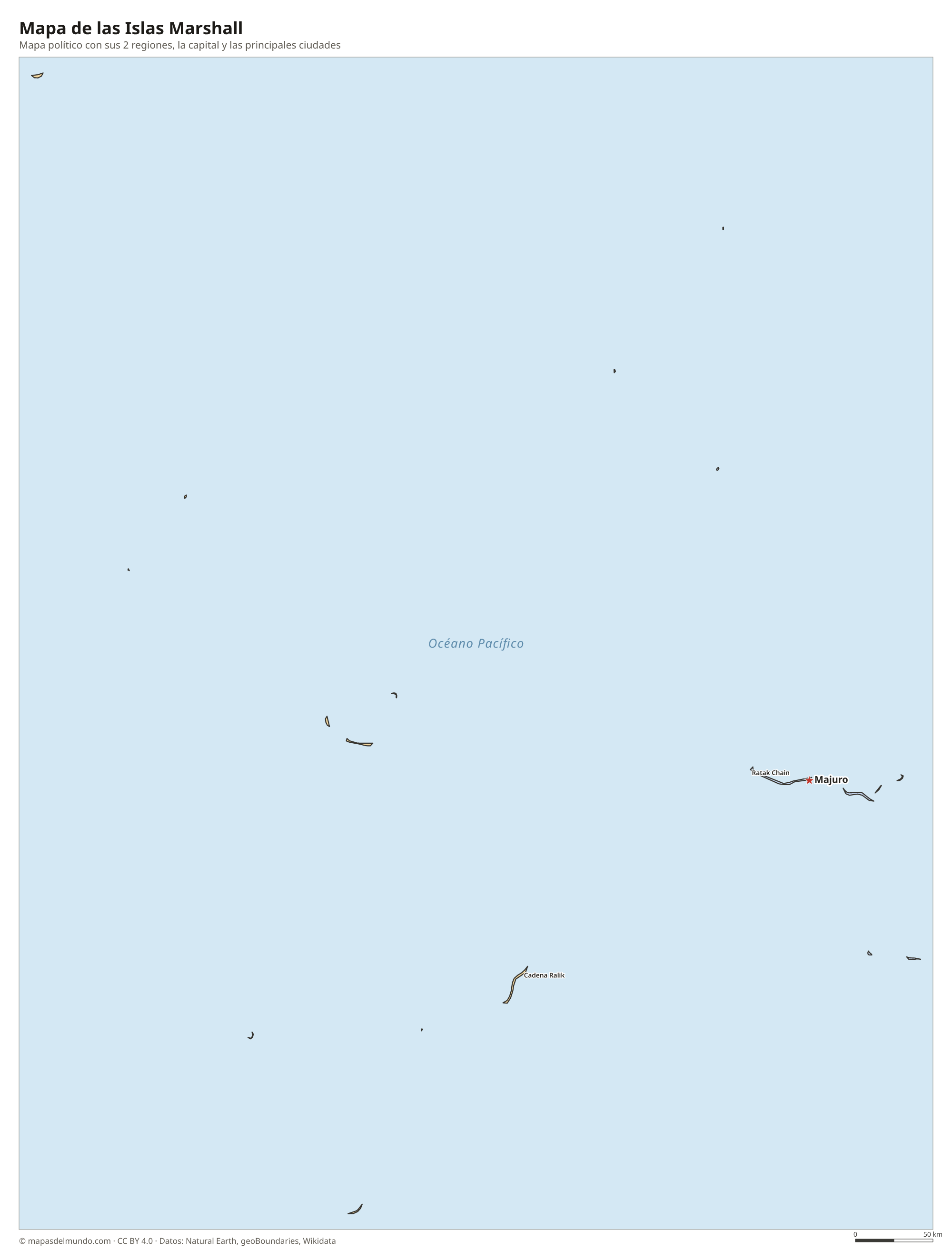 Mapa político de las Islas Marshall con sus regiones y la capital Majuro