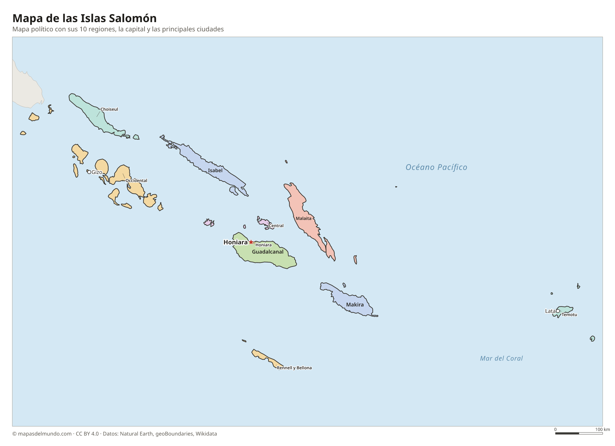 Mapa político de las Islas Salomón con sus regiones y la capital Honiara