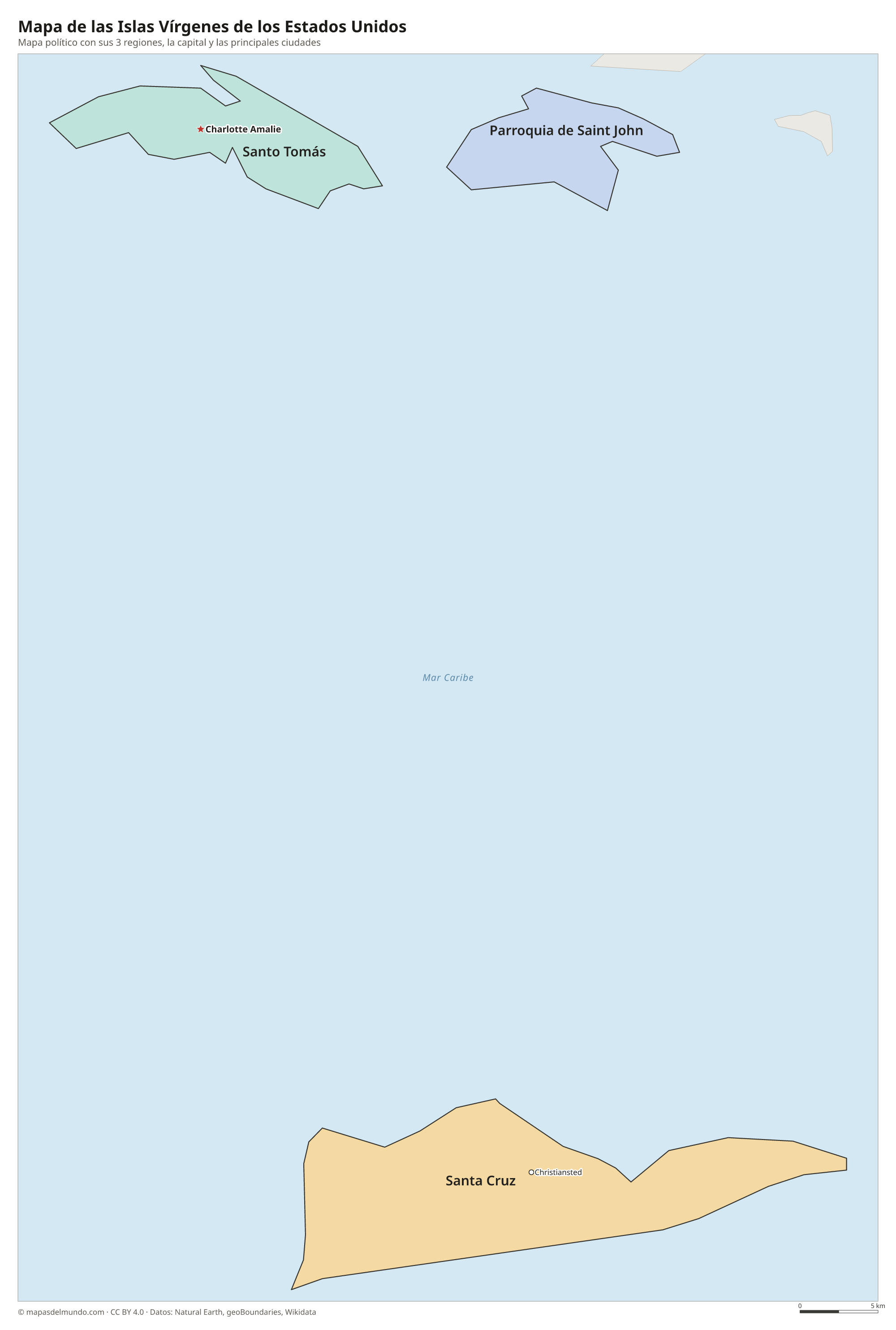 Mapa político de las Islas Vírgenes de los Estados Unidos con sus regiones y la capital Charlotte Amalie