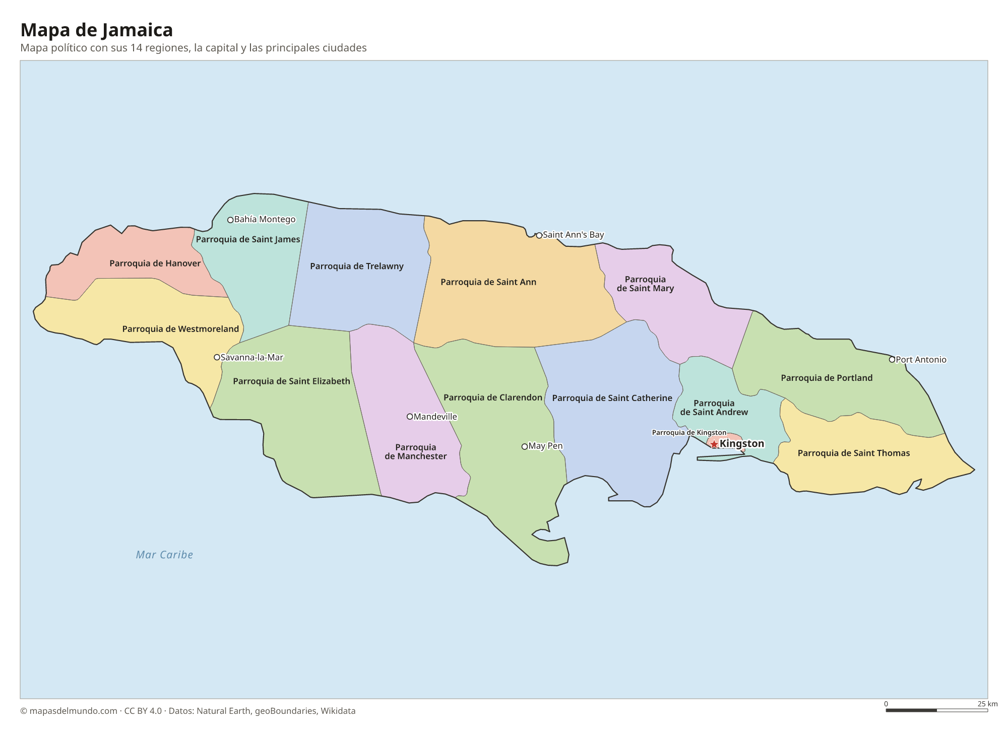 Mapa político de Jamaica con sus regiones y la capital Kingston