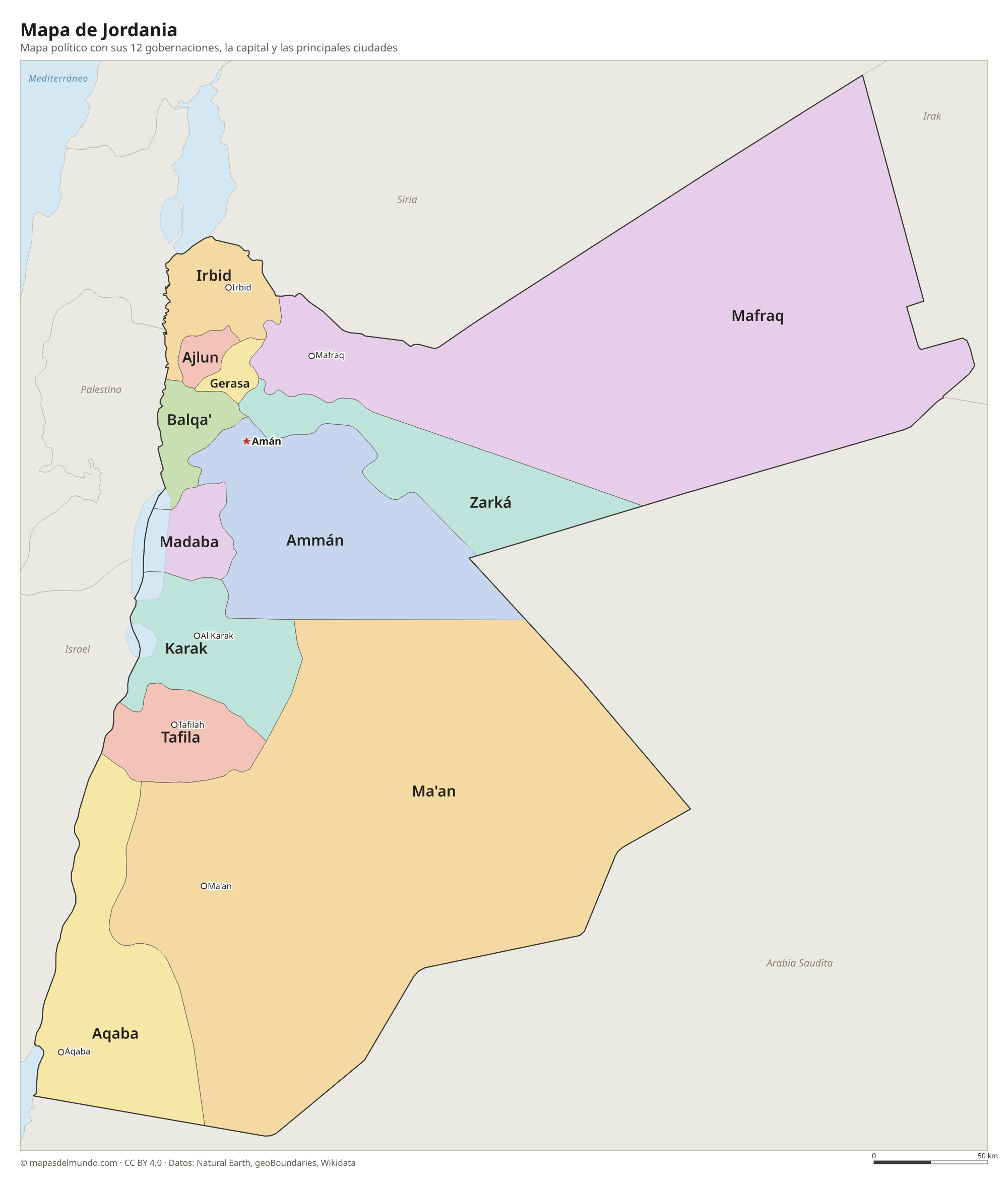 Mapa político de Jordania con sus gobernaciones y la capital Amán