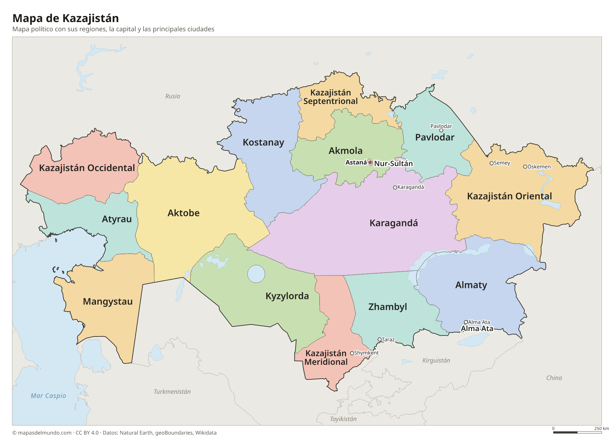 Mapa político de Kazajistán con sus regiones y la capital Astaná