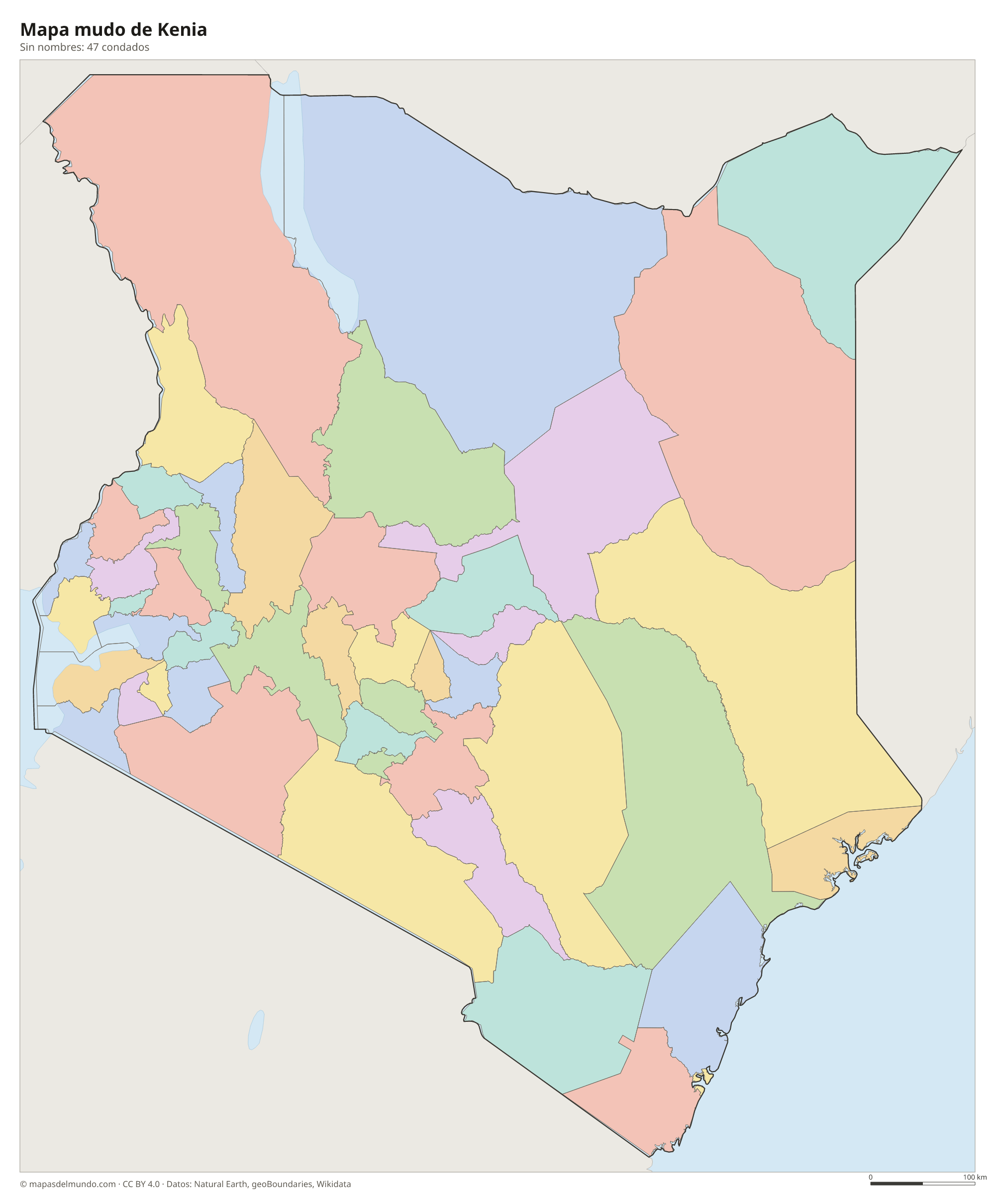 Mapa mudo de Kenia sin nombres