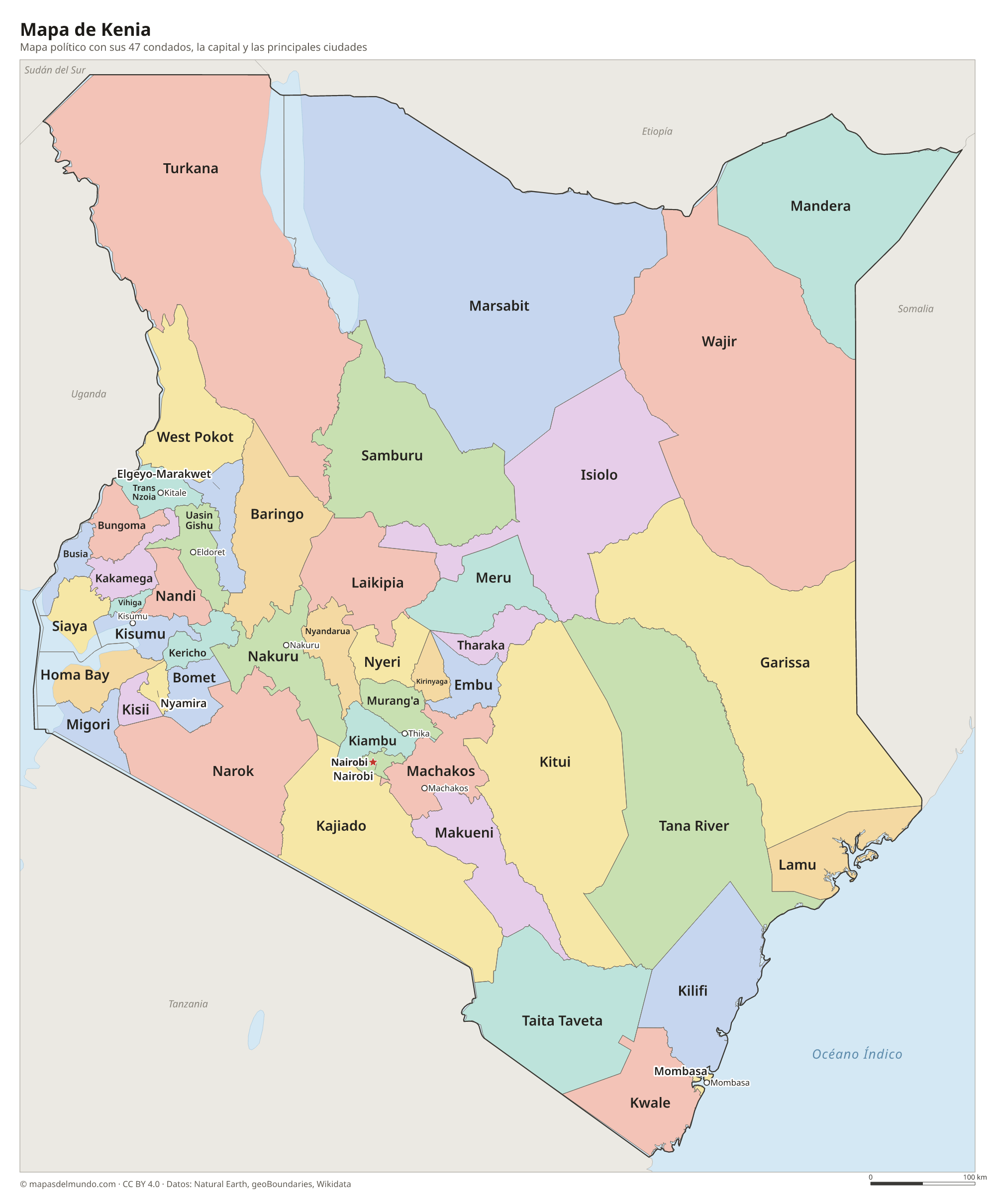 Mapa político de Kenia con sus condados y la capital Nairobi