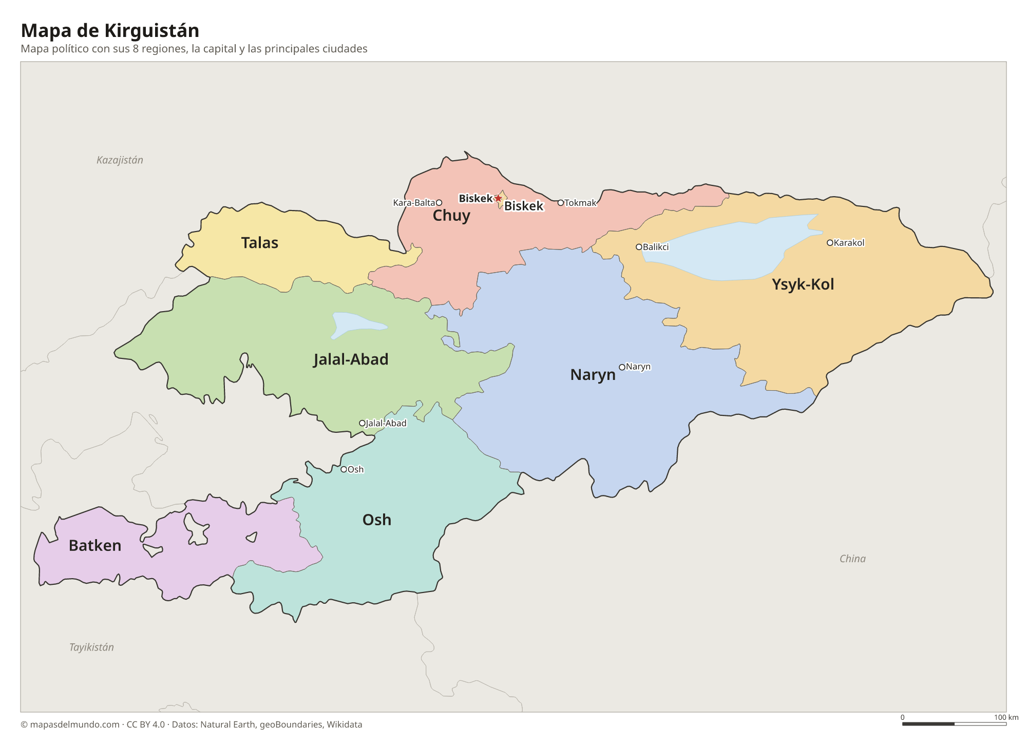 Mapa político de Kirguistán con sus regiones y la capital Biskek