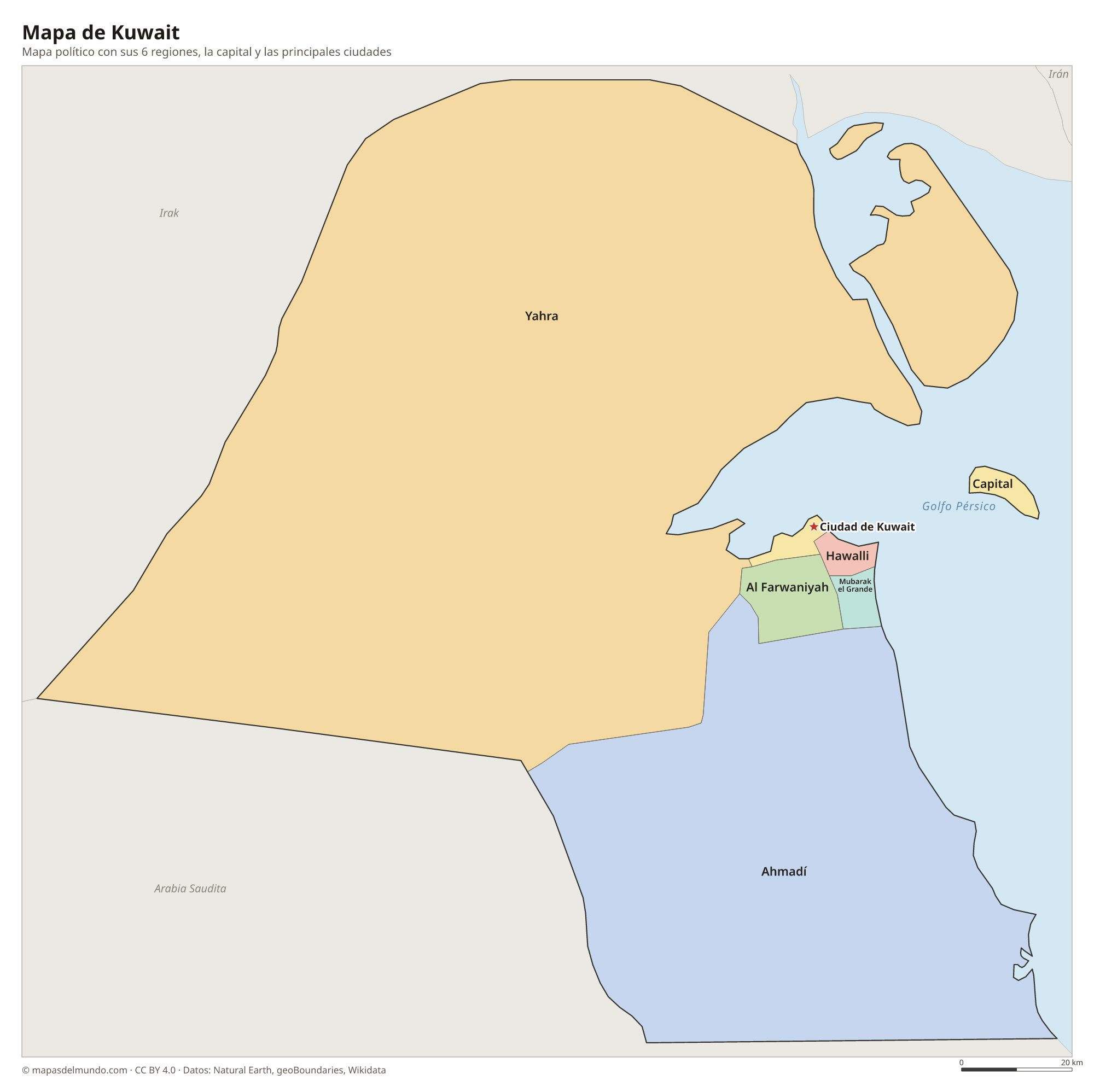 Mapa político de Kuwait con sus regiones y la capital Ciudad de Kuwait