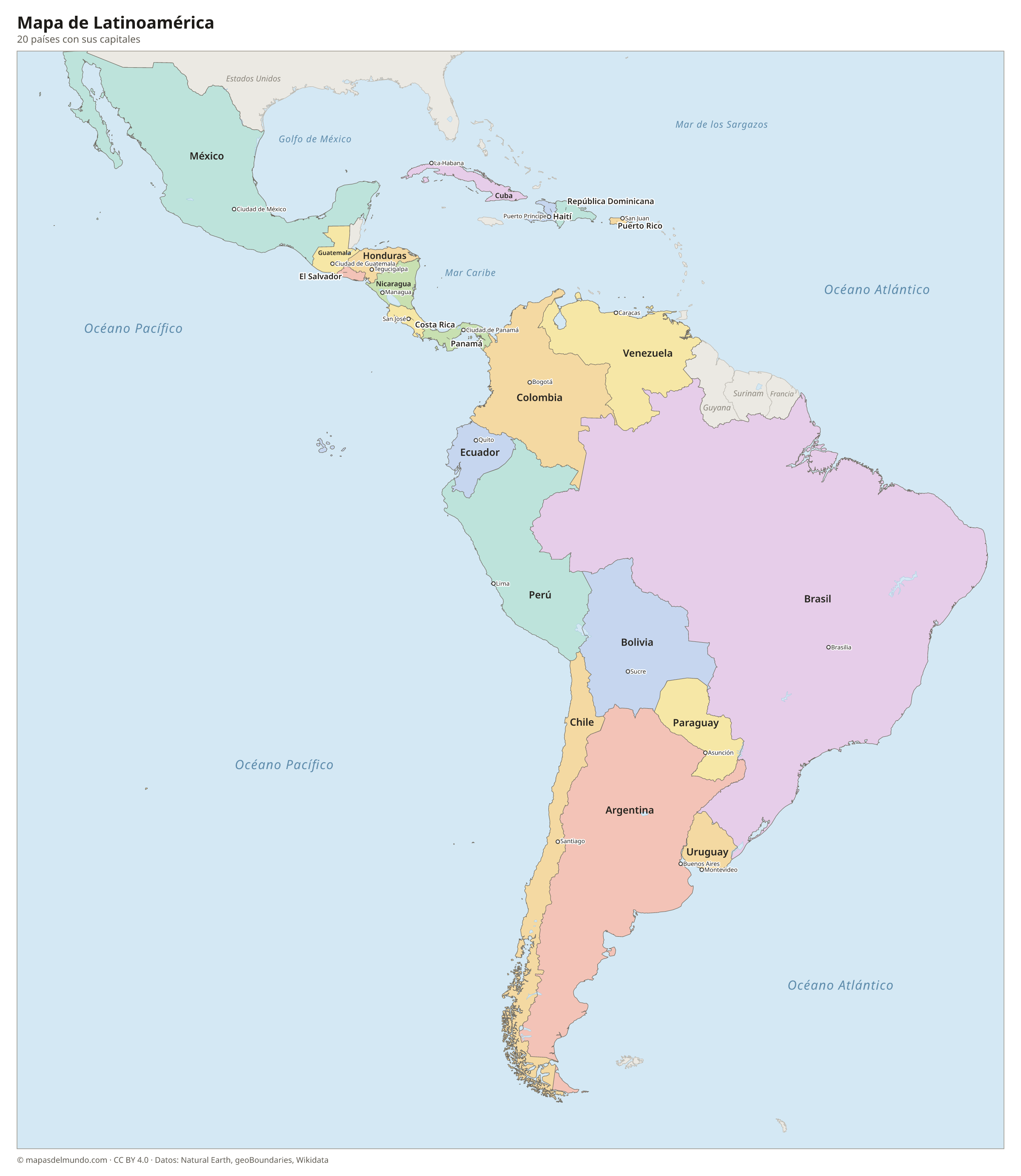 Mapa de Latinoamérica con los países y sus capitales