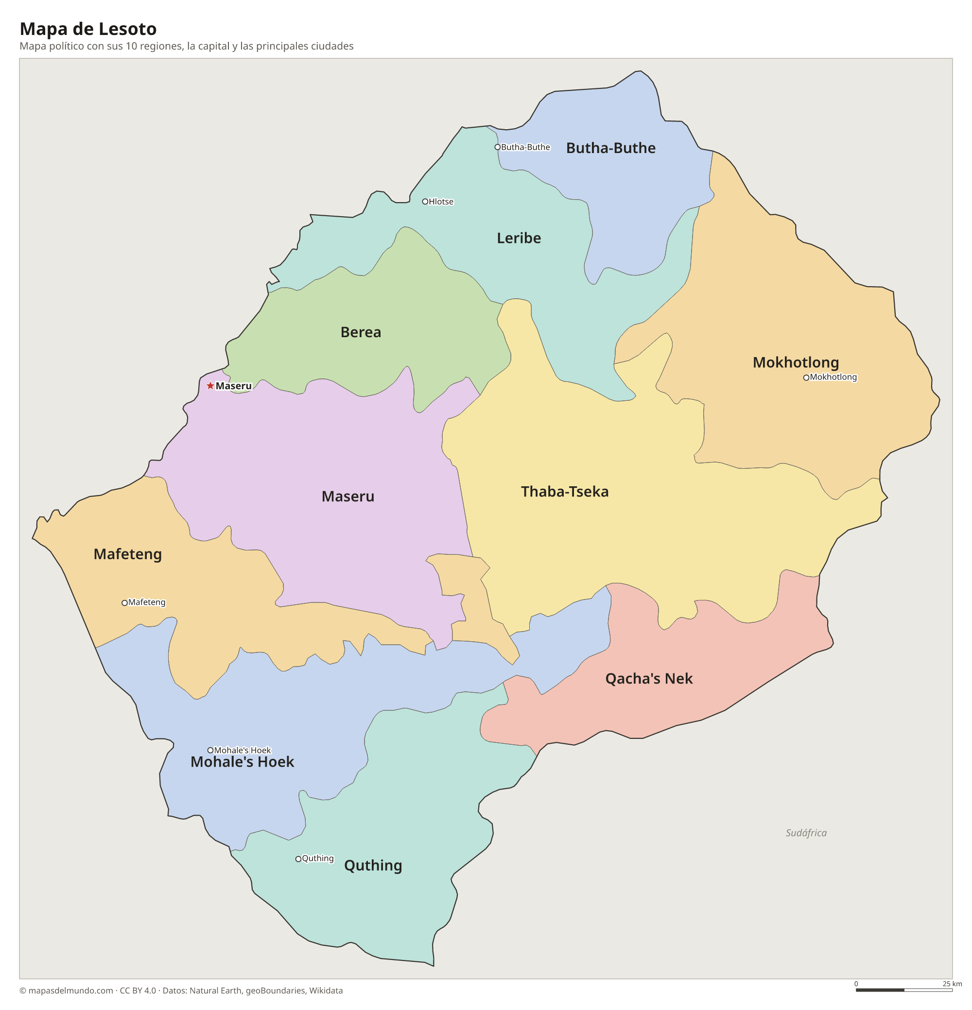 Mapa político de Lesoto con sus regiones y la capital Maseru