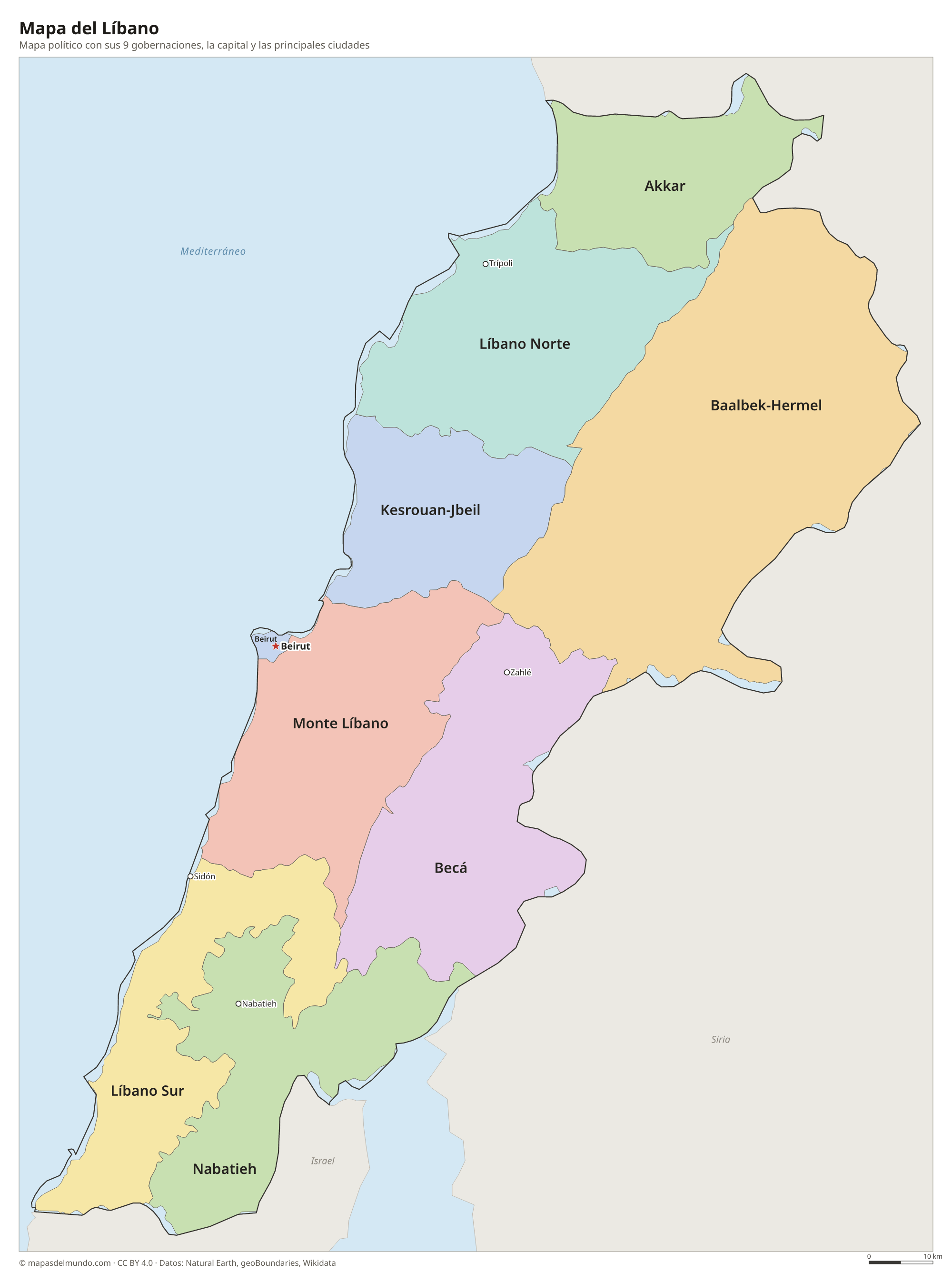 Mapa político del Líbano con sus gobernaciones y la capital Beirut