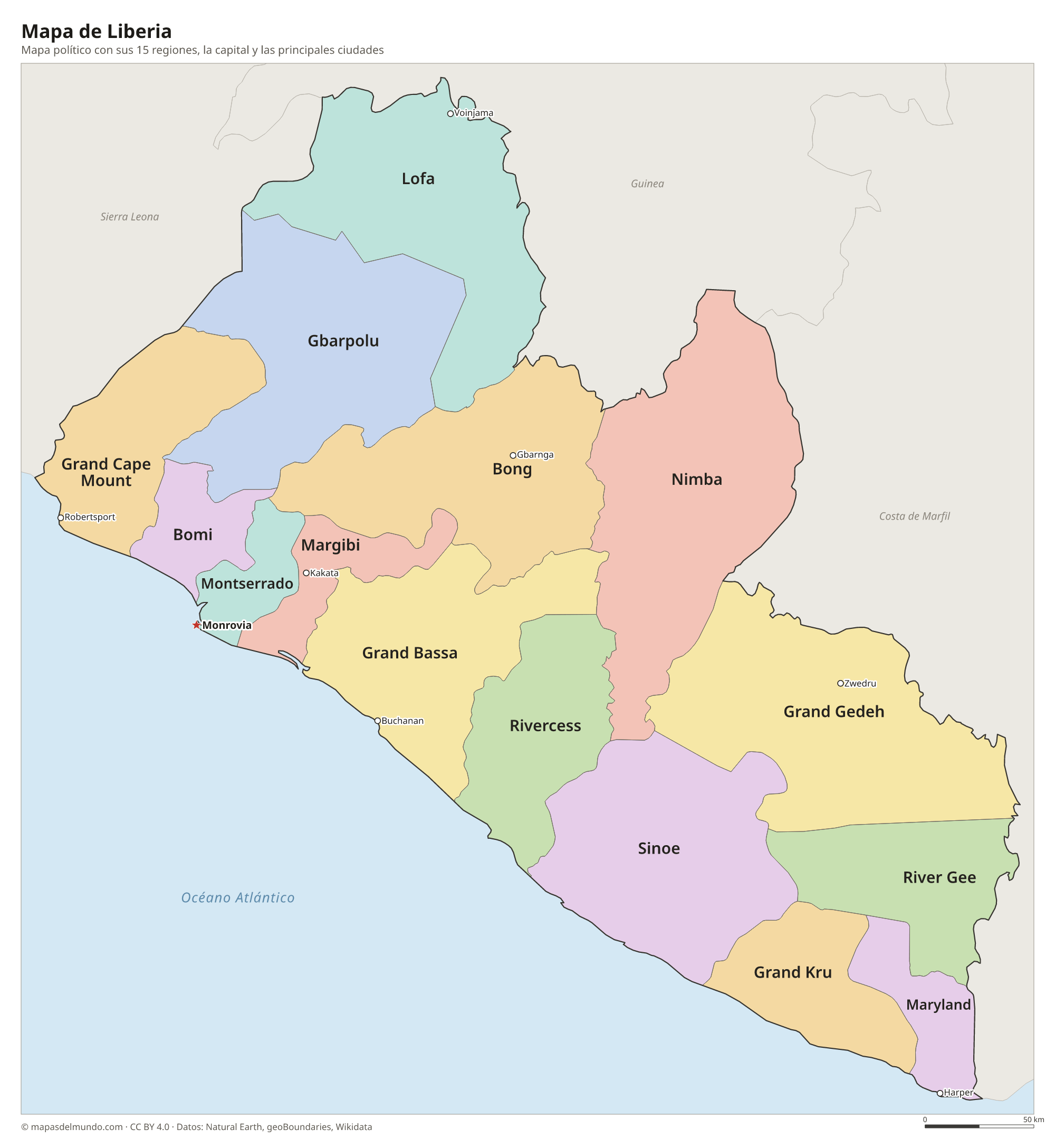Mapa político de Liberia con sus regiones y la capital Monrovia