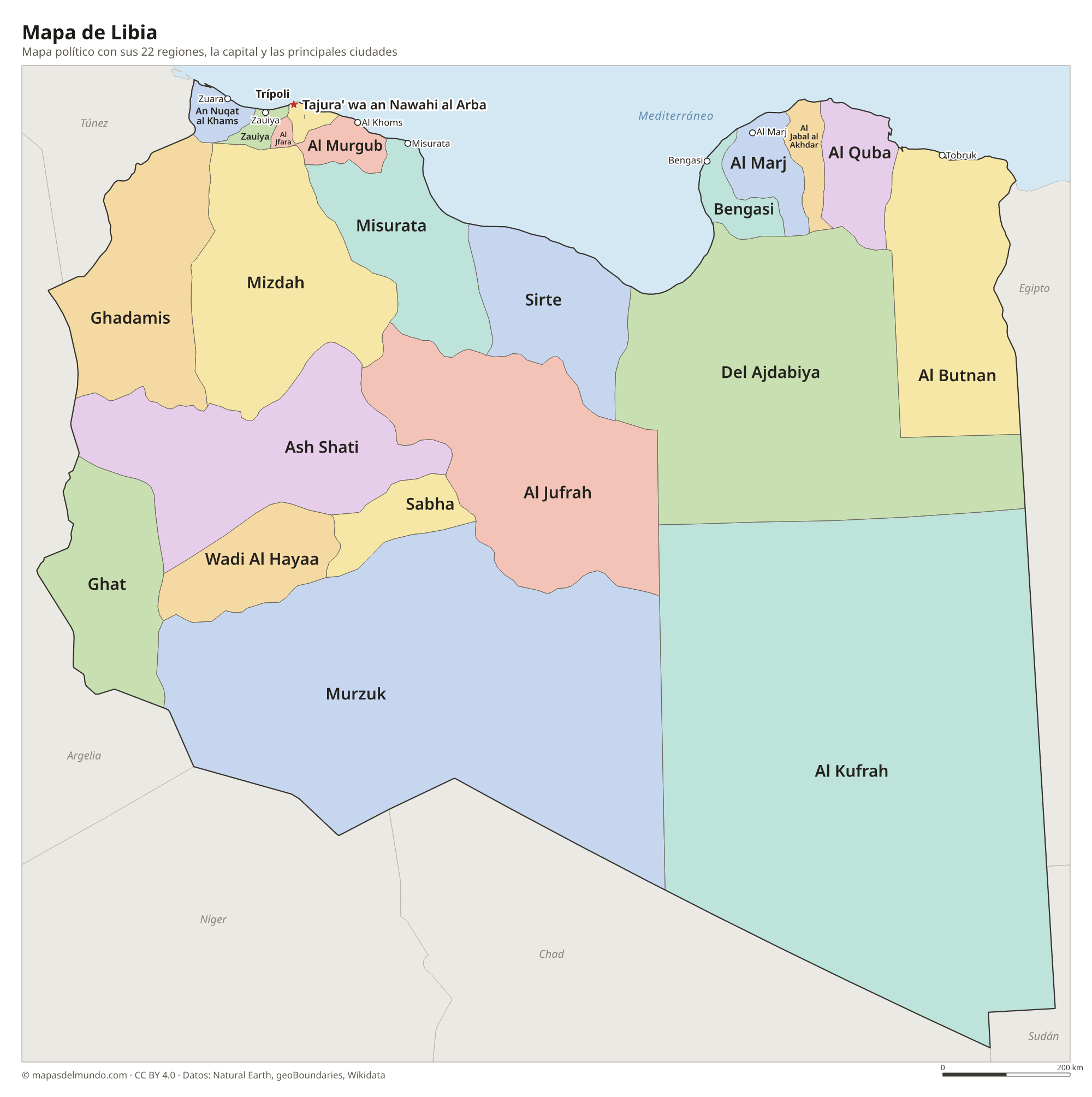 Mapa político de Libia con sus regiones y la capital Trípoli