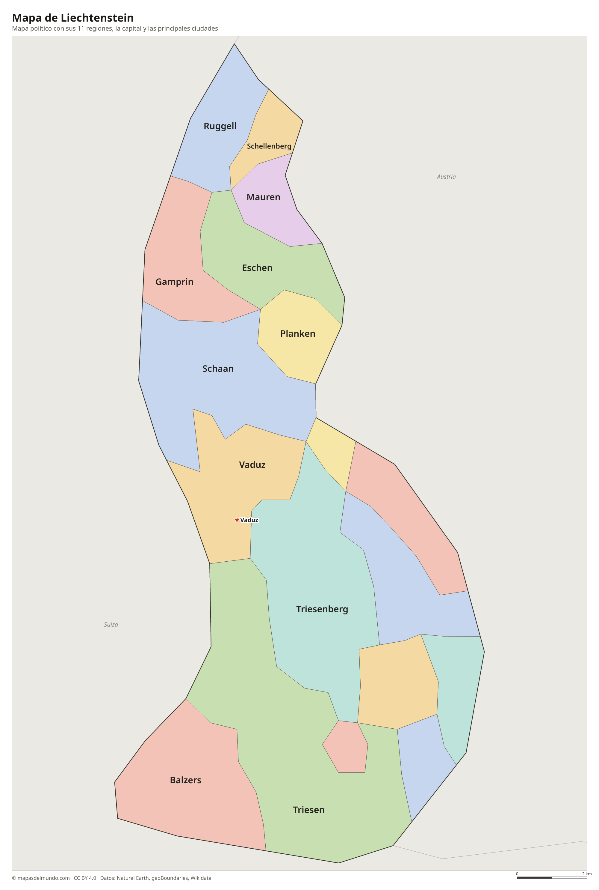 Mapa político de Liechtenstein con sus regiones y la capital Vaduz