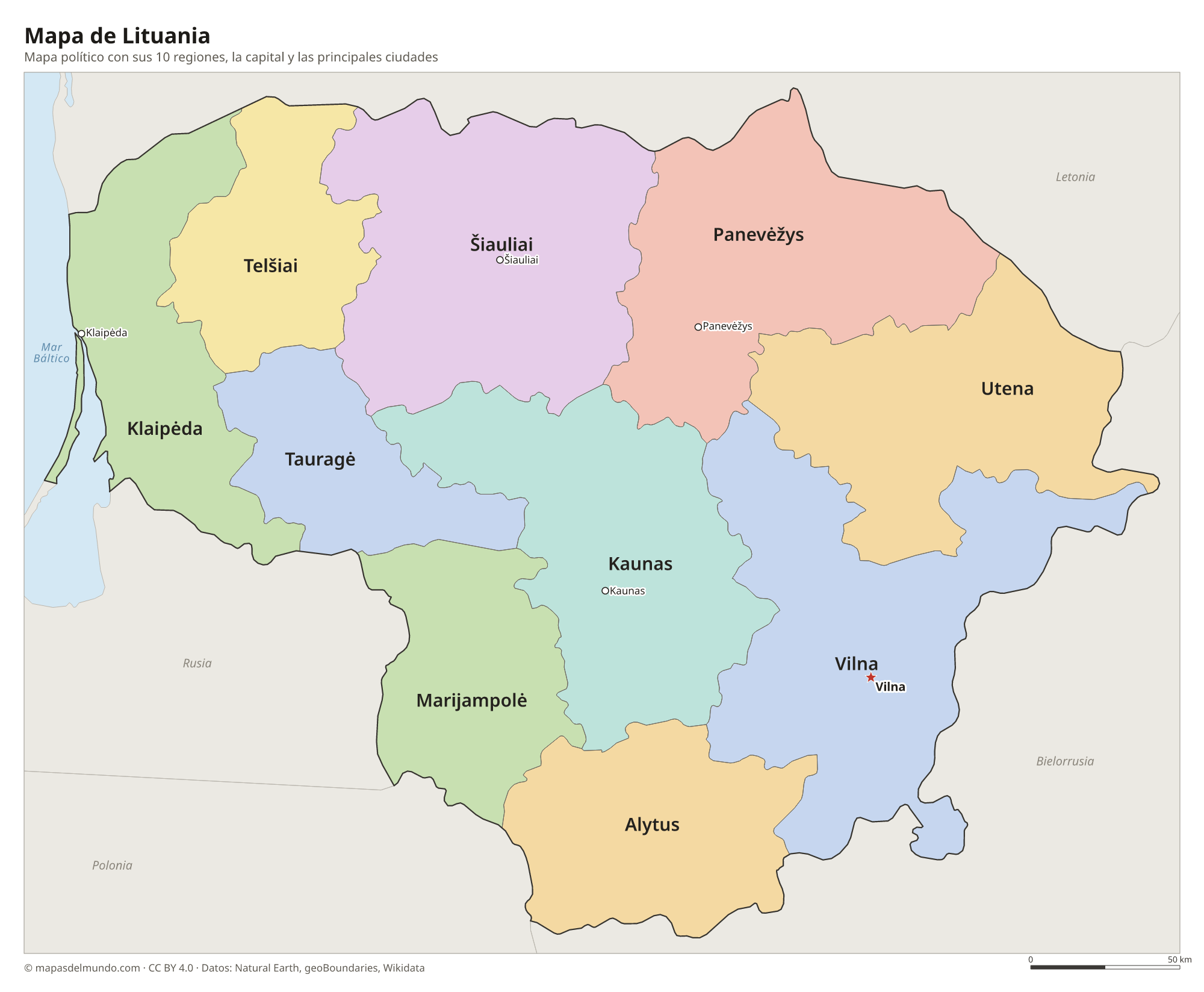 Mapa político de Lituania con sus regiones y la capital Vilna