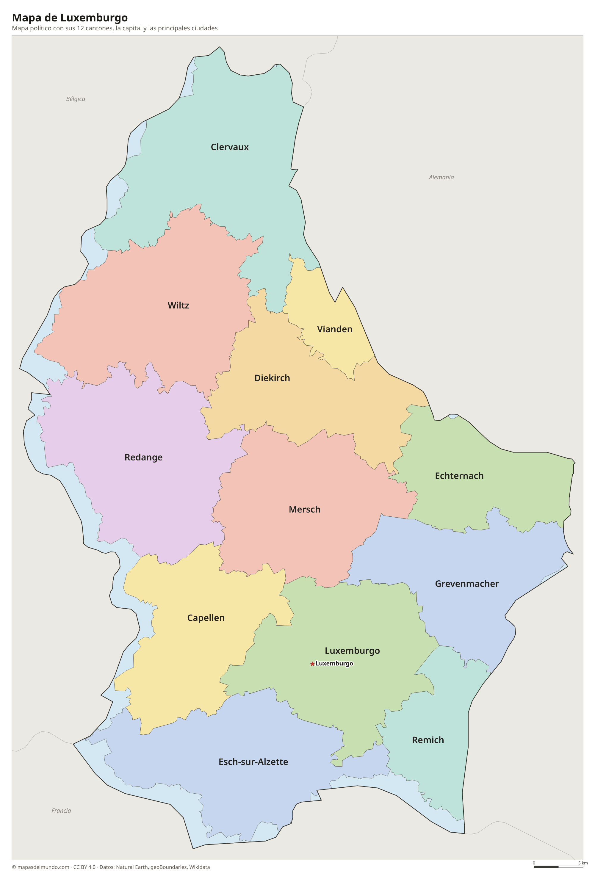Mapa político de Luxemburgo con sus cantones y la capital Luxemburgo