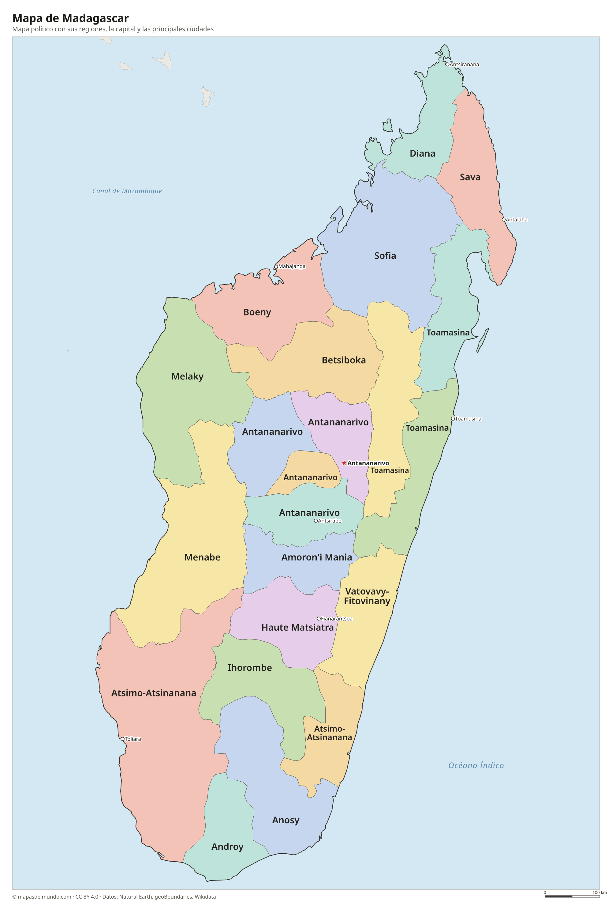 Mapa político de Madagascar con sus regiones y la capital Antananarivo