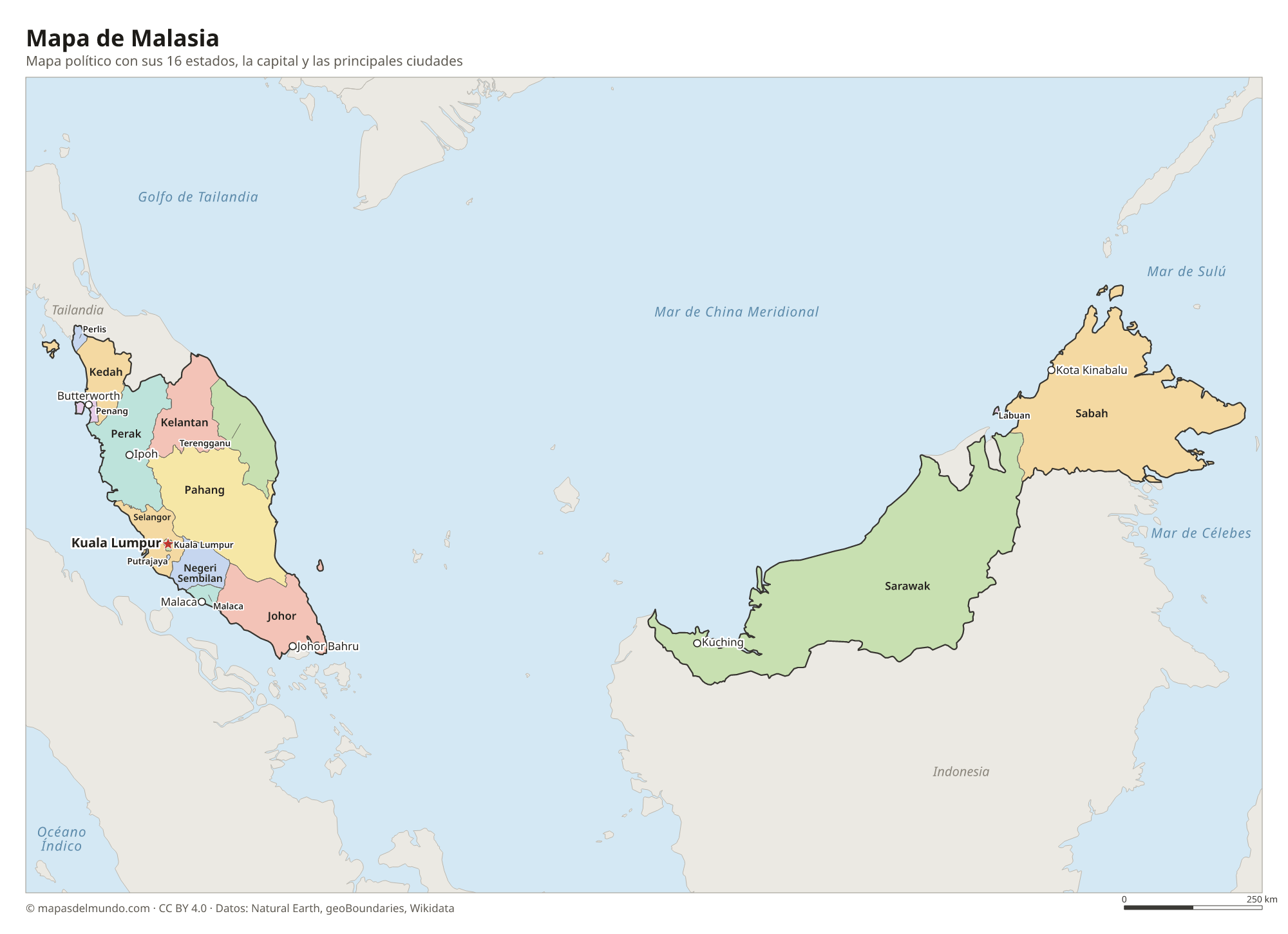 Mapa político de Malasia con sus estados y la capital Kuala Lumpur