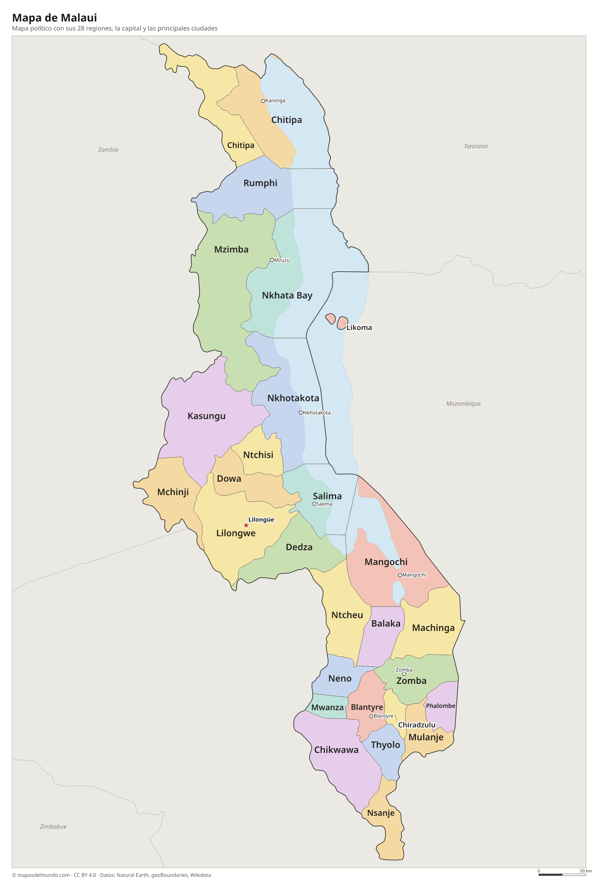 Mapa político de Malaui con sus regiones y la capital Lilongüe