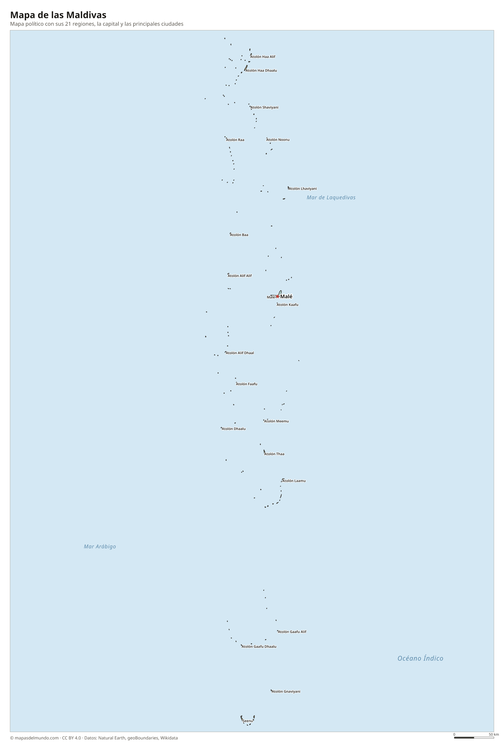 Mapa político de las Maldivas con sus regiones y la capital Malé