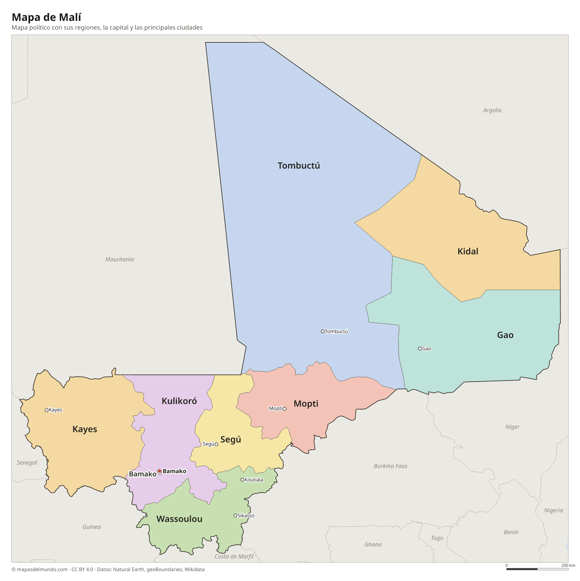 Mapa político de Malí con sus regiones y la capital Bamako