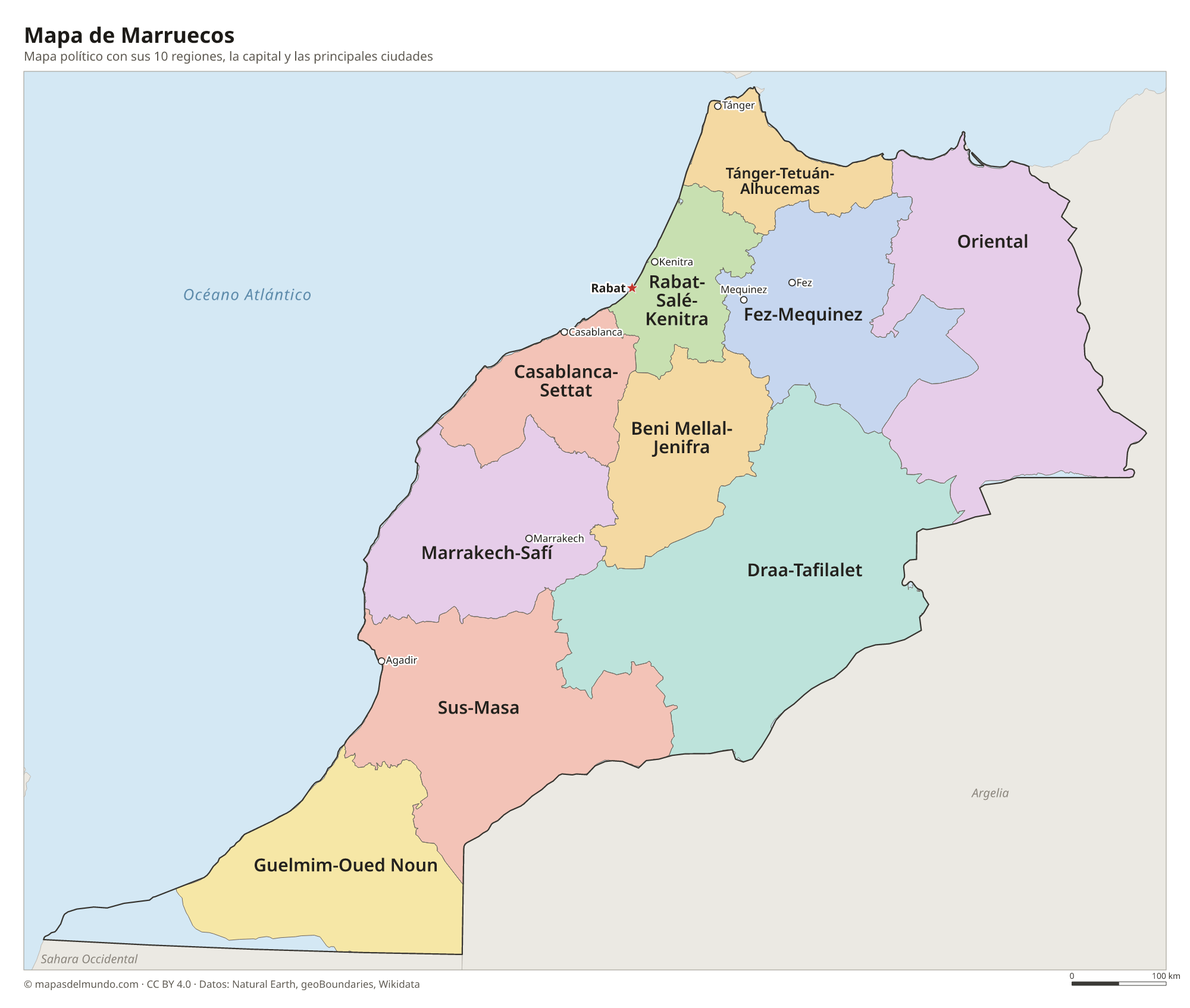 Mapa político de Marruecos con sus regiones y la capital Rabat