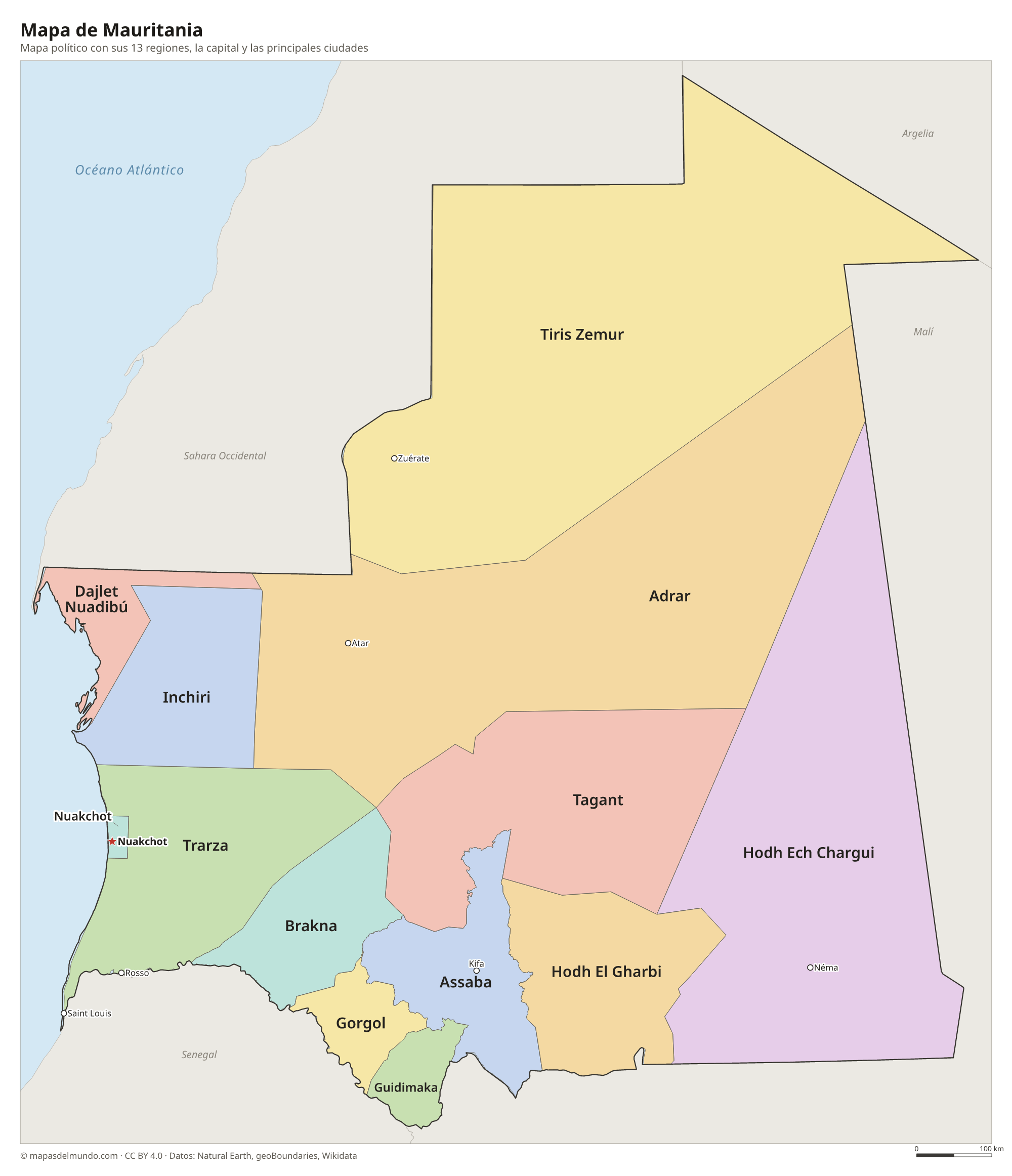 Mapa político de Mauritania con sus regiones y la capital Nuakchot