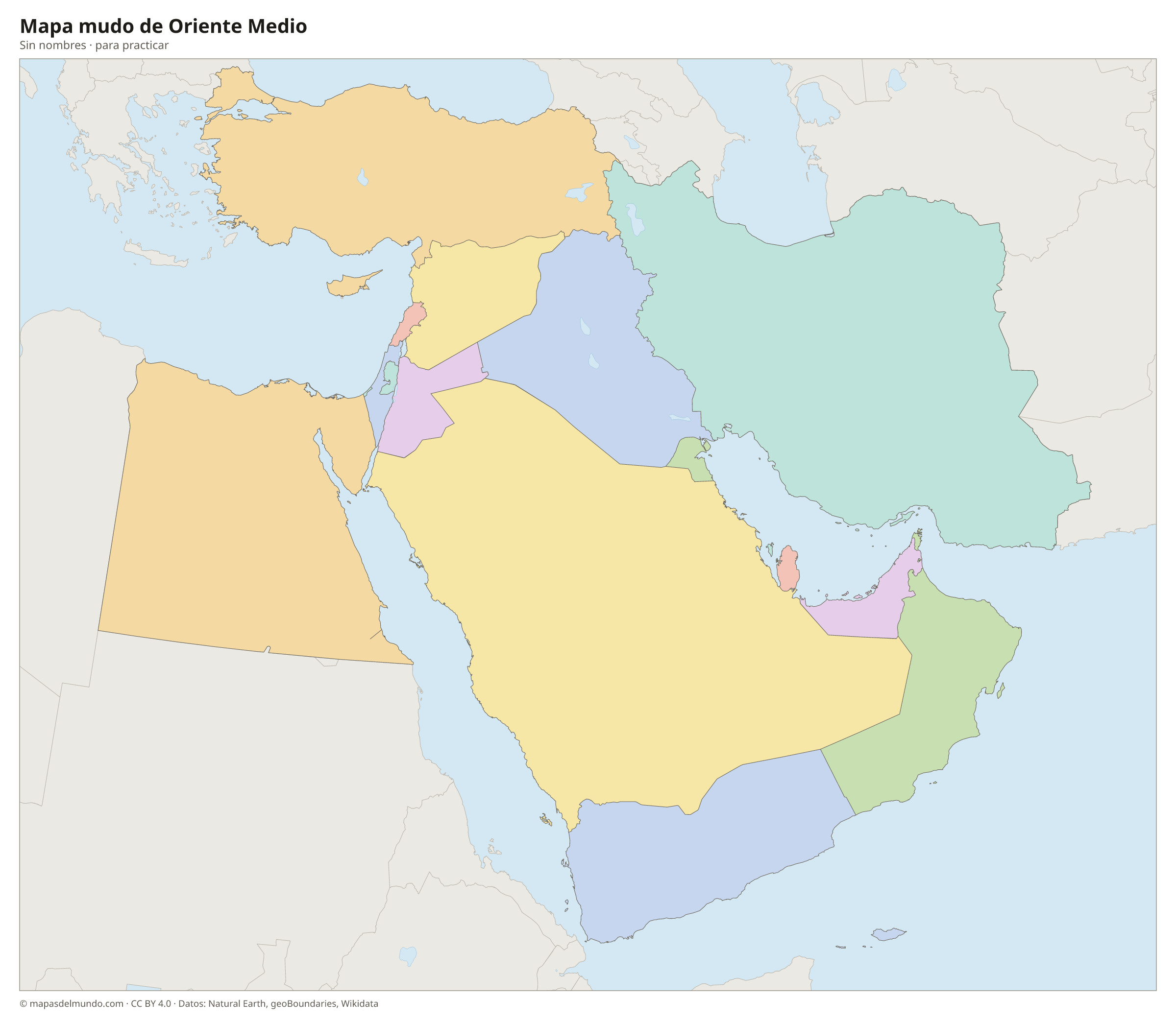Mapa mudo de Oriente Medio sin nombres